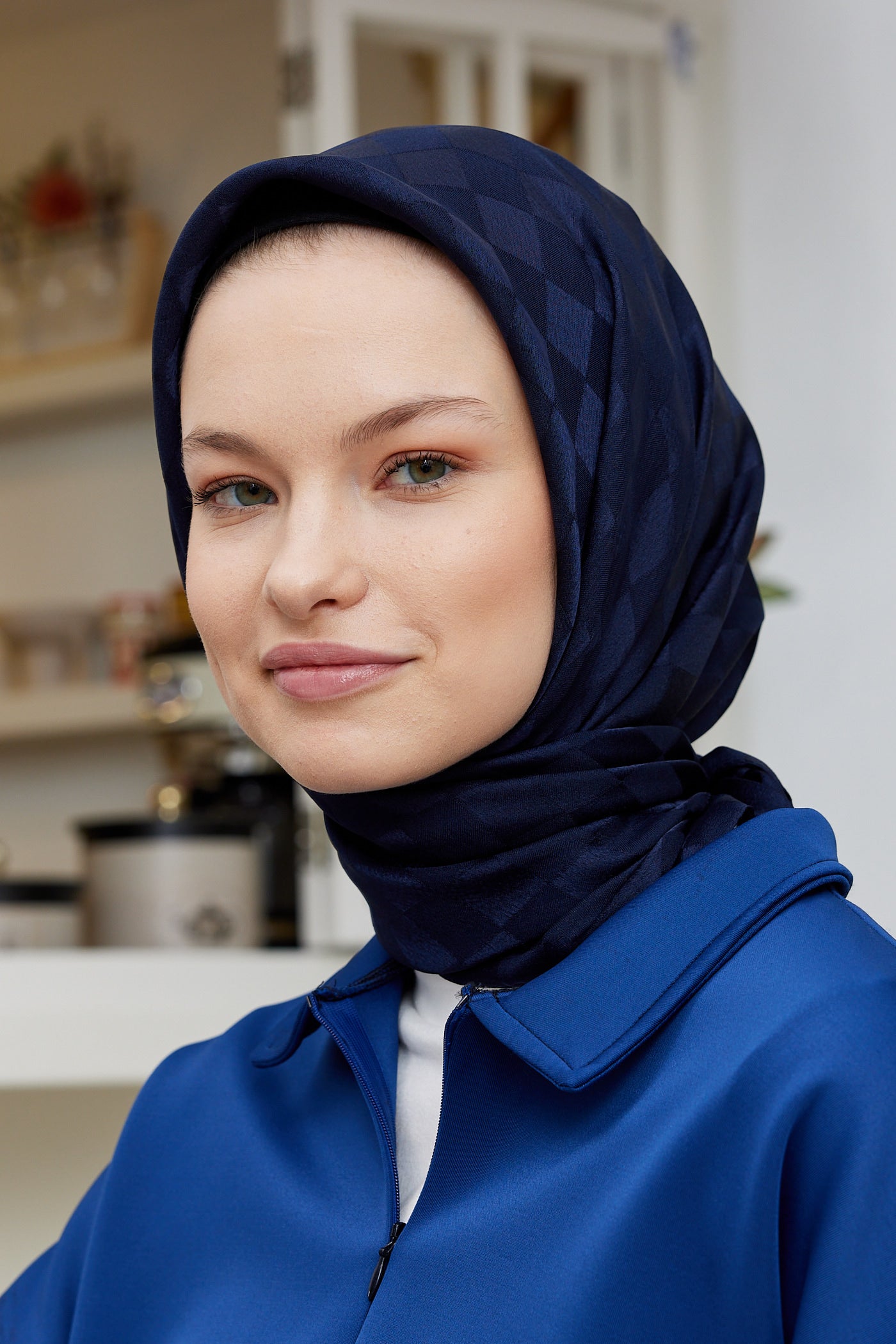 Tesettür Giyim - Jakar Janjan Dama Desen Eşarp - Lacivert - Emproyal