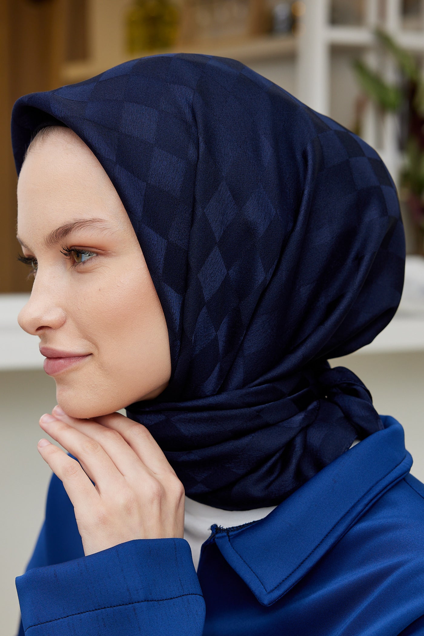 Tesettür Giyim - Jakar Janjan Dama Desen Eşarp - Lacivert - Emproyal