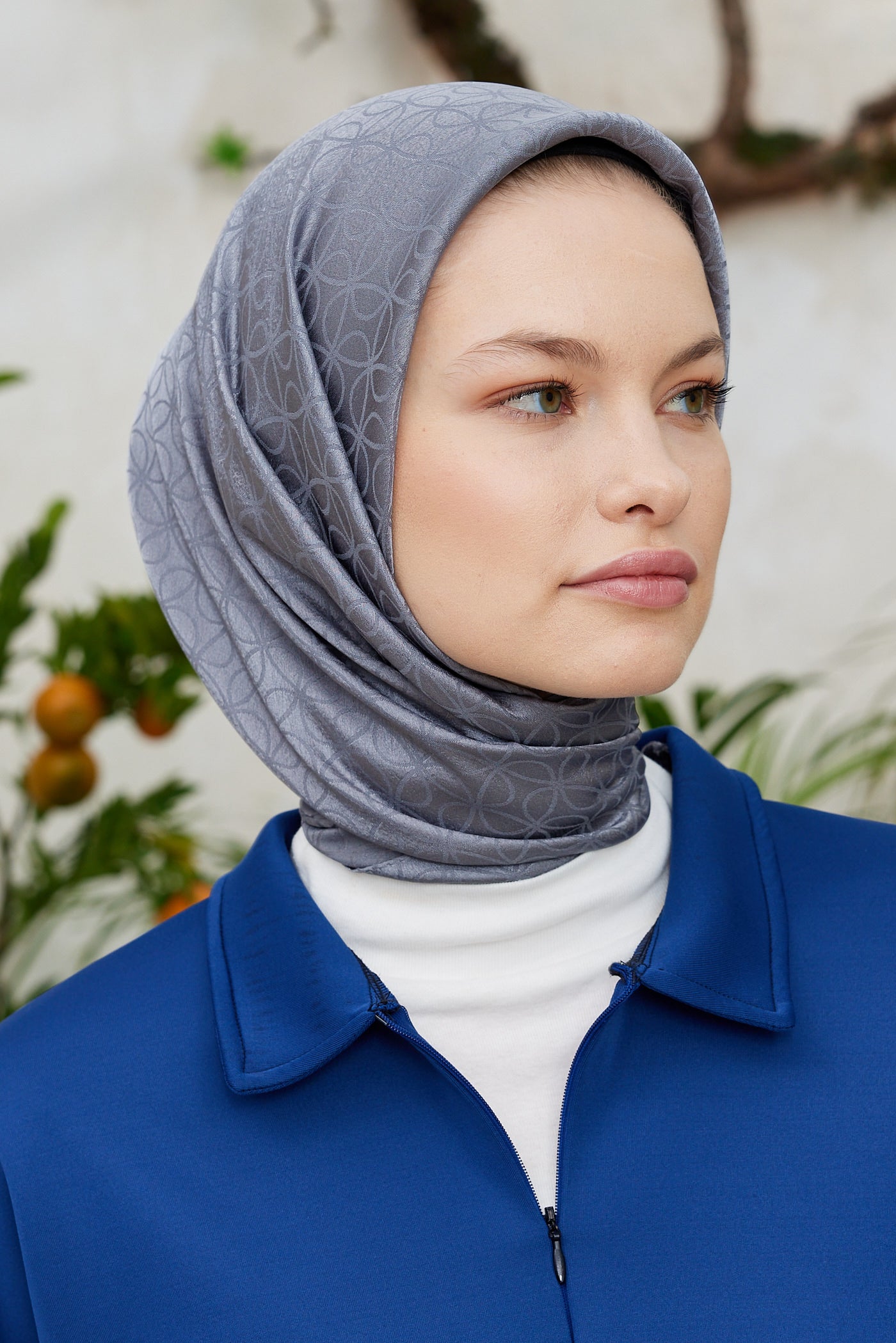 Tesettür Giyim - Jakar Janjan Elips Desen Eşarp - Gri - Emproyal