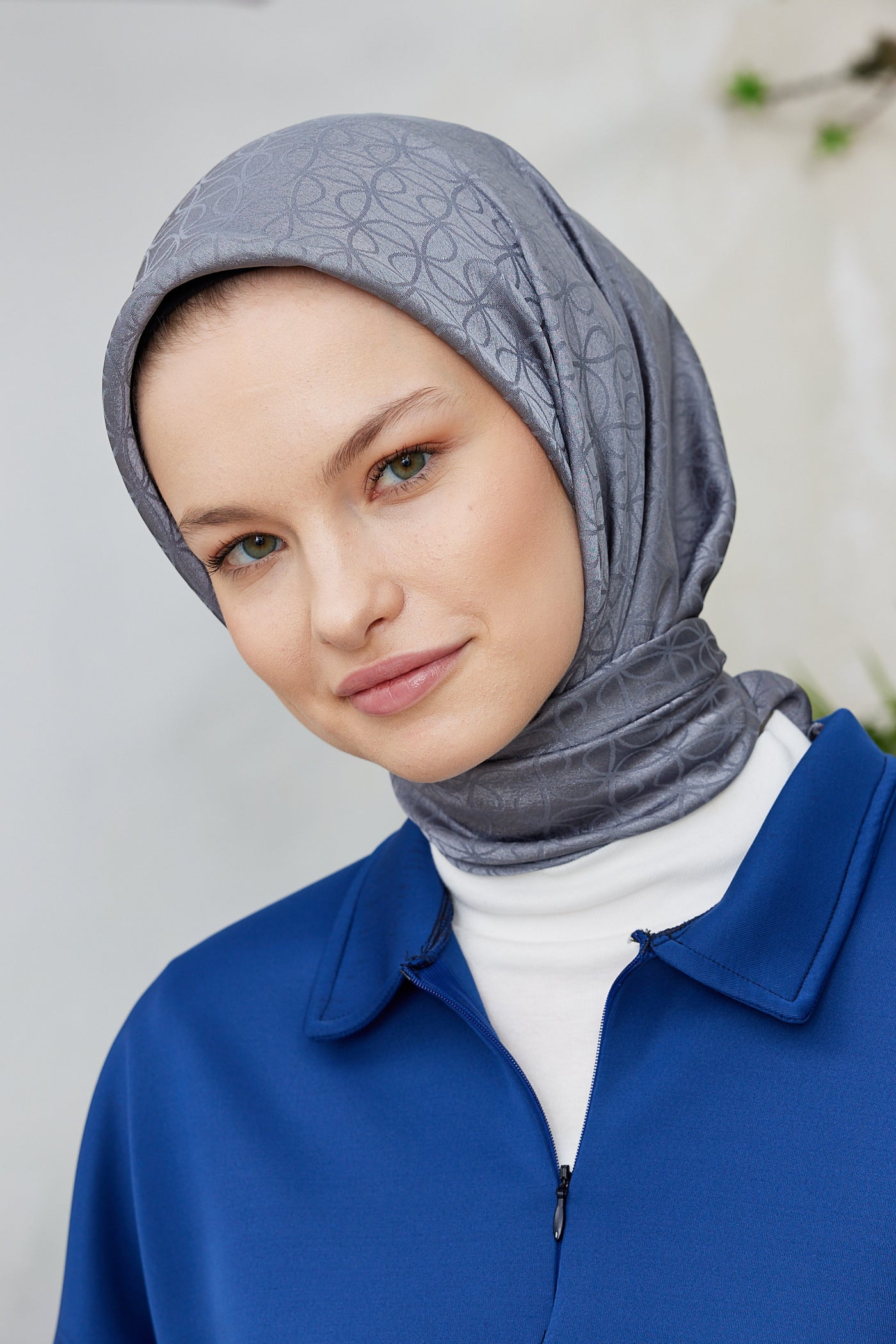 Tesettür Giyim - Jakar Janjan Elips Desen Eşarp - Gri - Emproyal