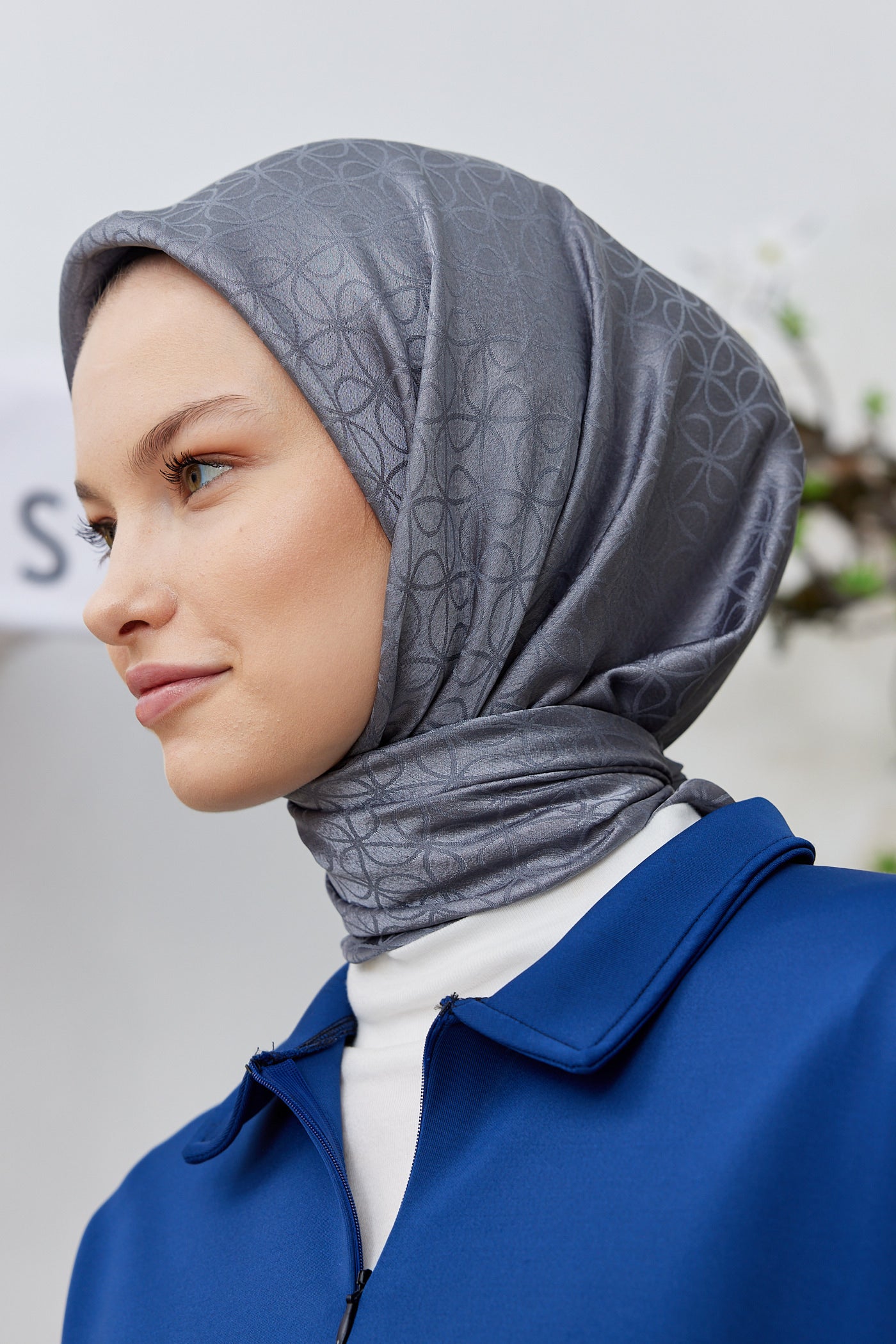 Tesettür Giyim - Jakar Janjan Elips Desen Eşarp - Gri - Emproyal