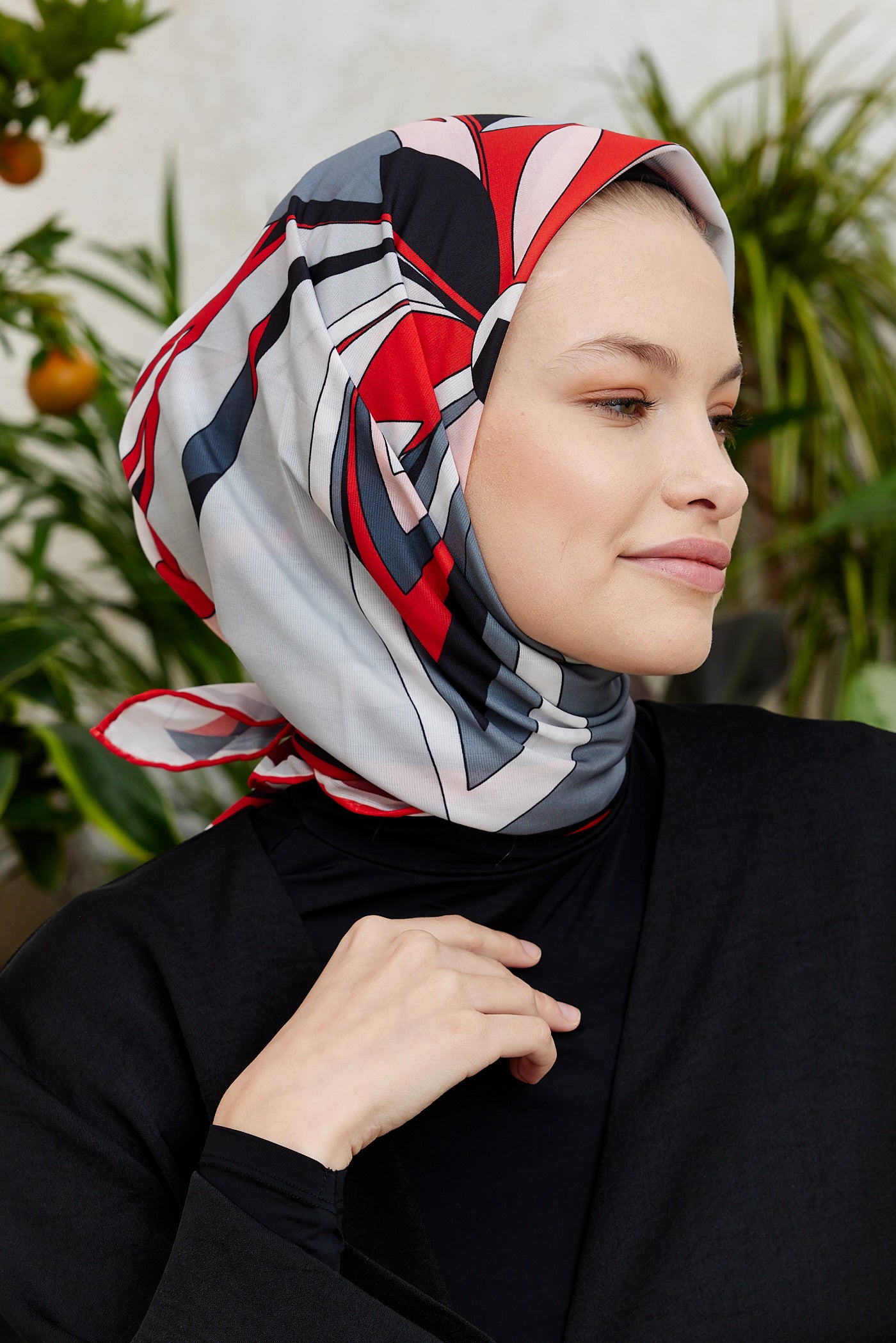 Tesettür Giyim - Pro Line Melinda Desen Eşarp - Kırmızı - Gri - Emproyal