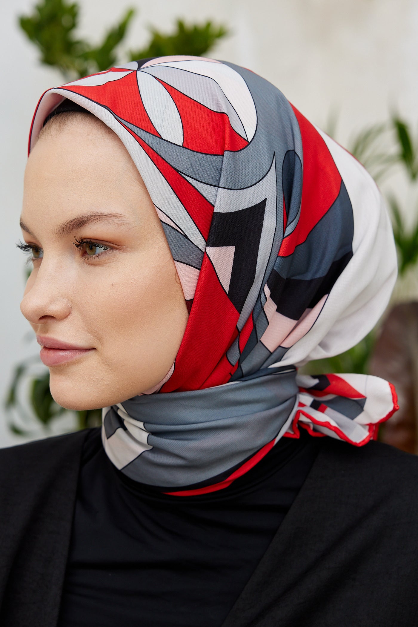 Tesettür Giyim - Pro Line Melinda Desen Eşarp - Kırmızı - Gri - Emproyal