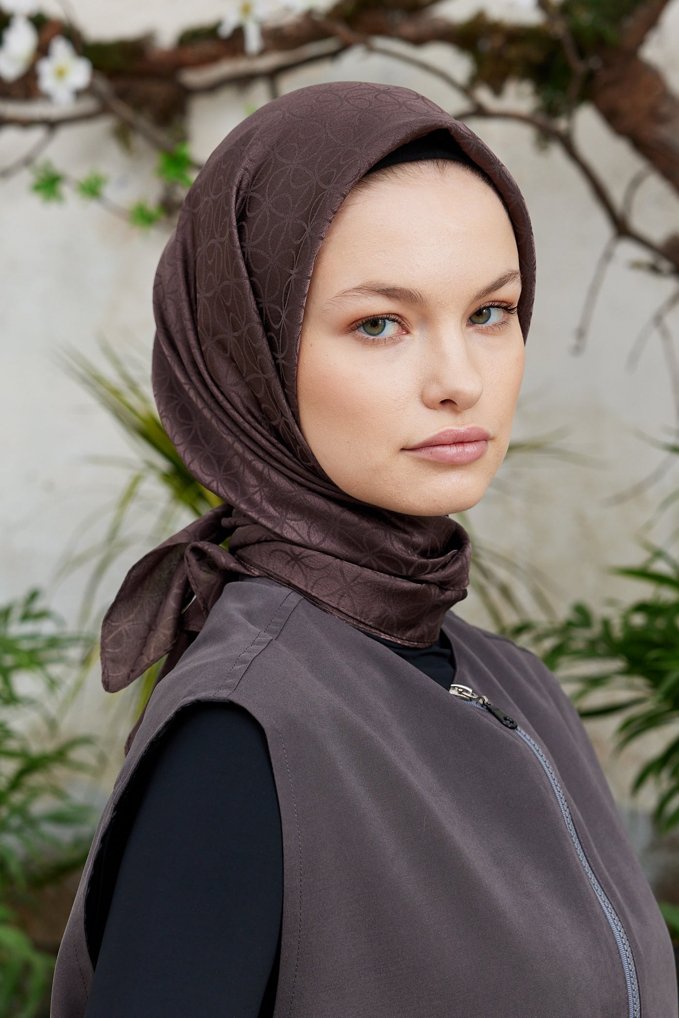 Tesettür Giyim - Jakar Janjan Elips Desen Eşarp - Acı Kahve - Emproyal