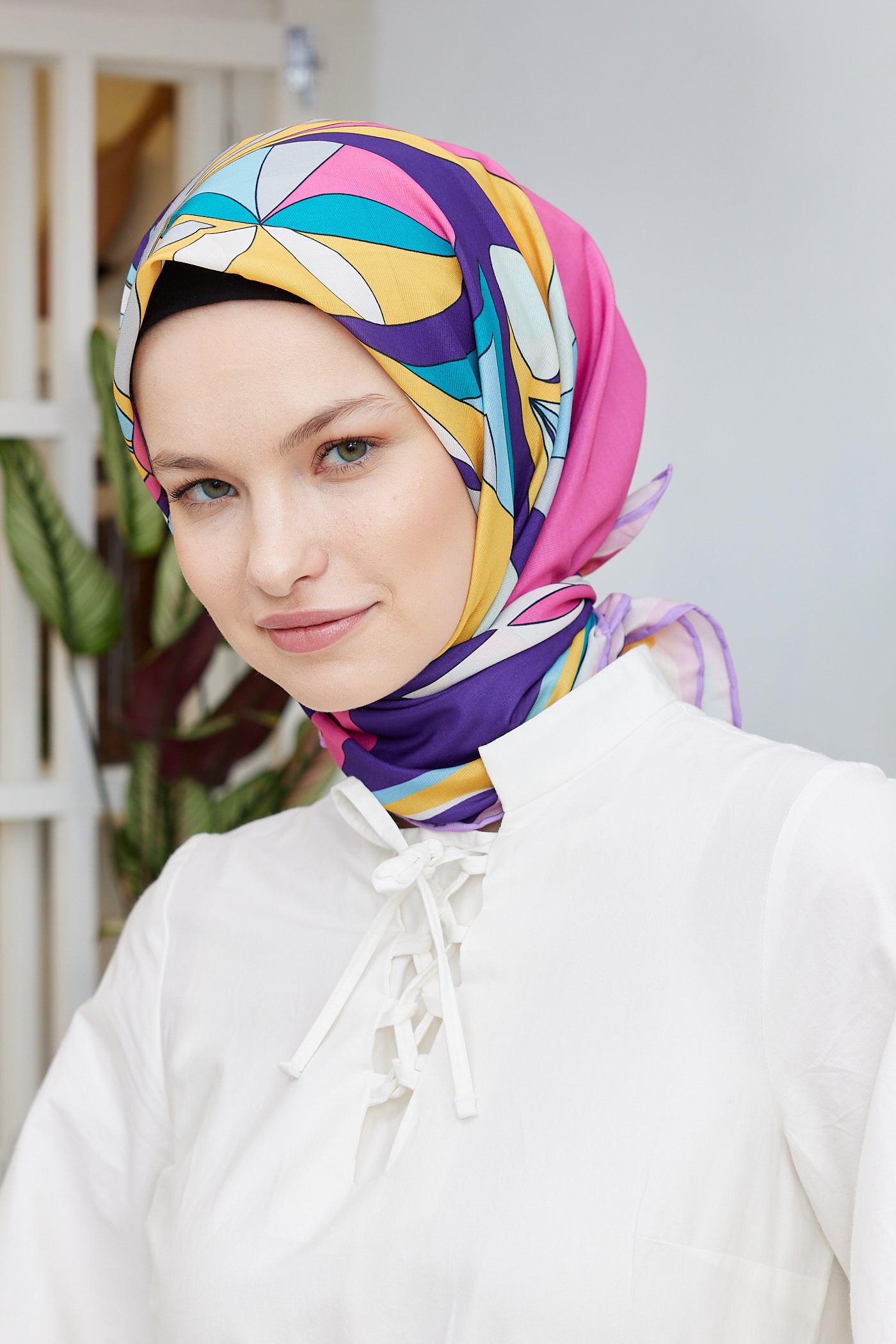 Tesettür Giyim - Pro Line Melinda Desen Eşarp - Mor - Pembe - Emproyal