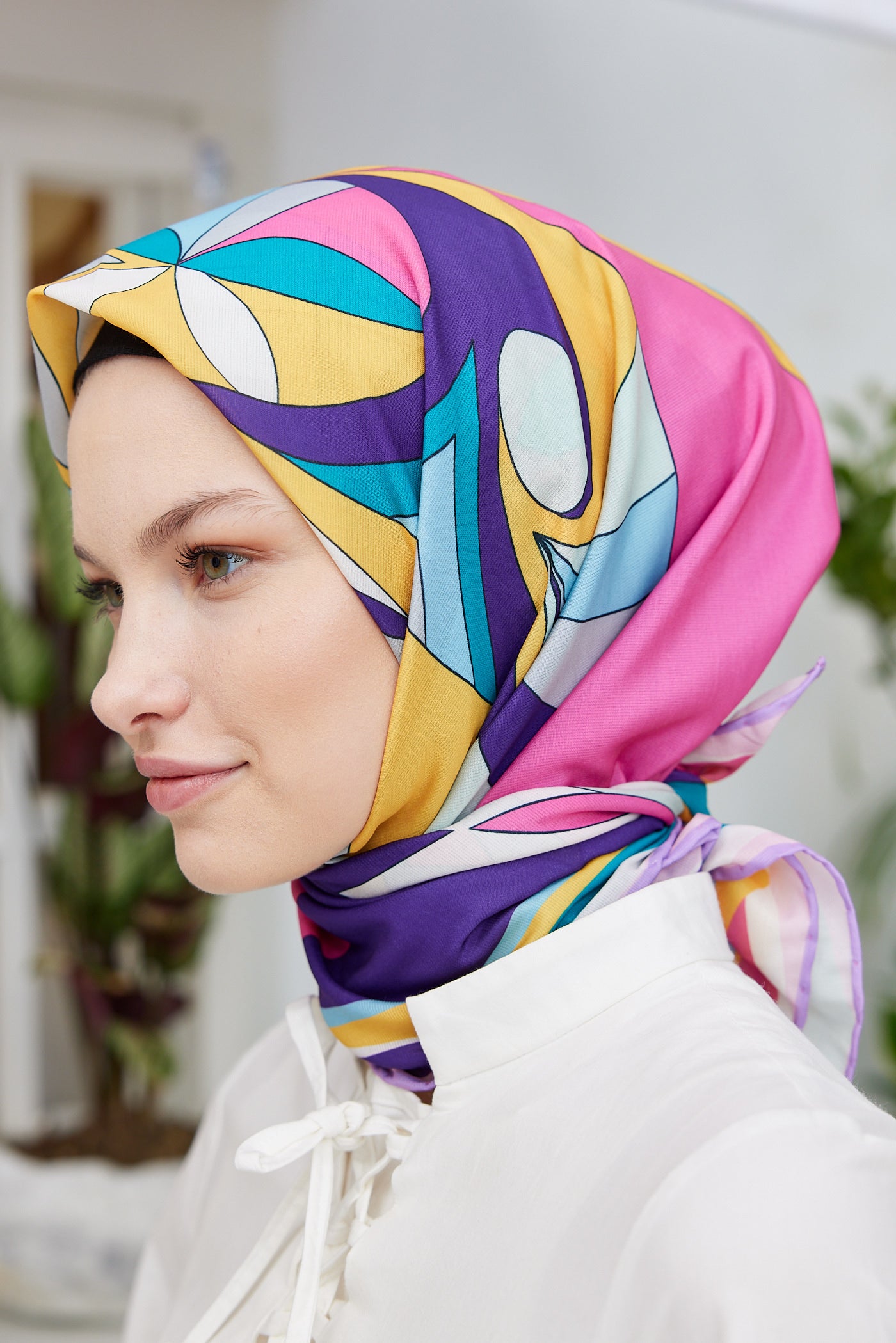 Tesettür Giyim - Pro Line Melinda Desen Eşarp - Mor - Pembe - Emproyal