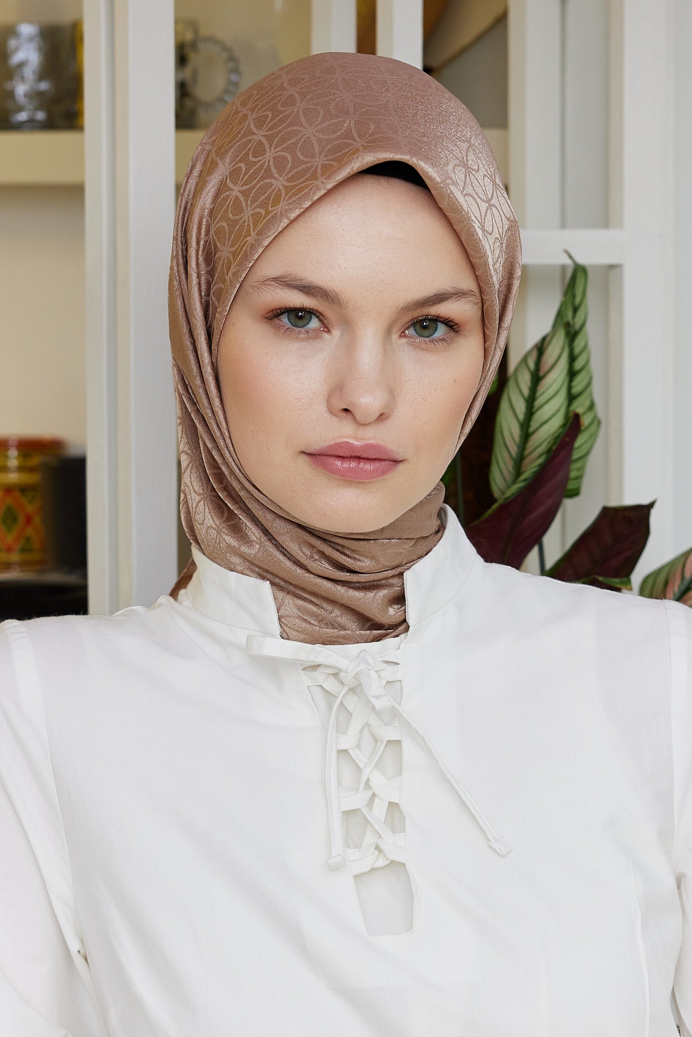 Tesettür Giyim - Jakar Janjan Elips Desen Eşarp - Sütlü Kahve - Emproyal