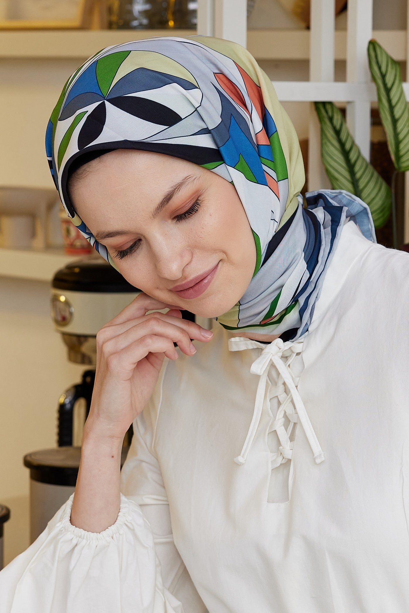 Tesettür Giyim - Pro Line Melinda Desen Eşarp - Gümüş - İndigo - Emproyal