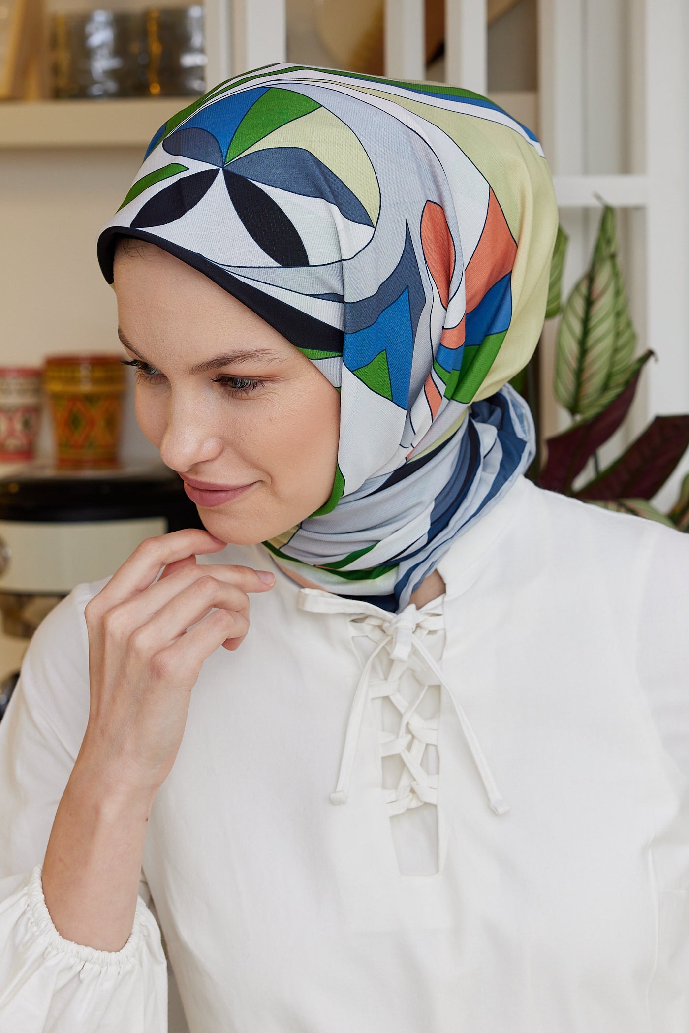 Tesettür Giyim - Pro Line Melinda Desen Eşarp - Gümüş - İndigo - Emproyal