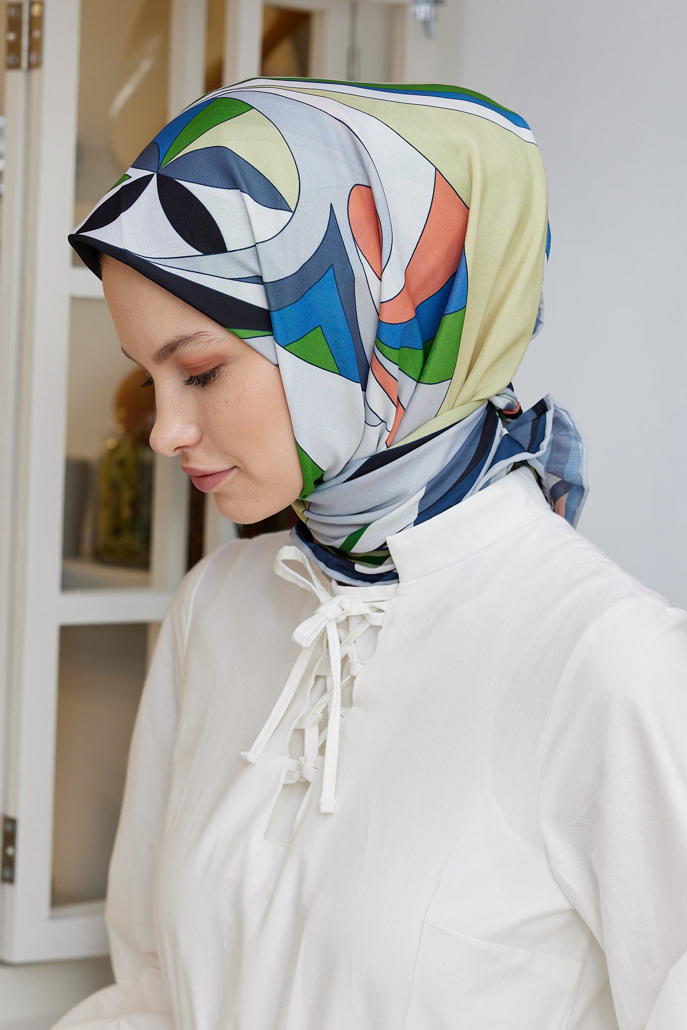 Tesettür Giyim - Pro Line Melinda Desen Eşarp - Gümüş - İndigo - Emproyal