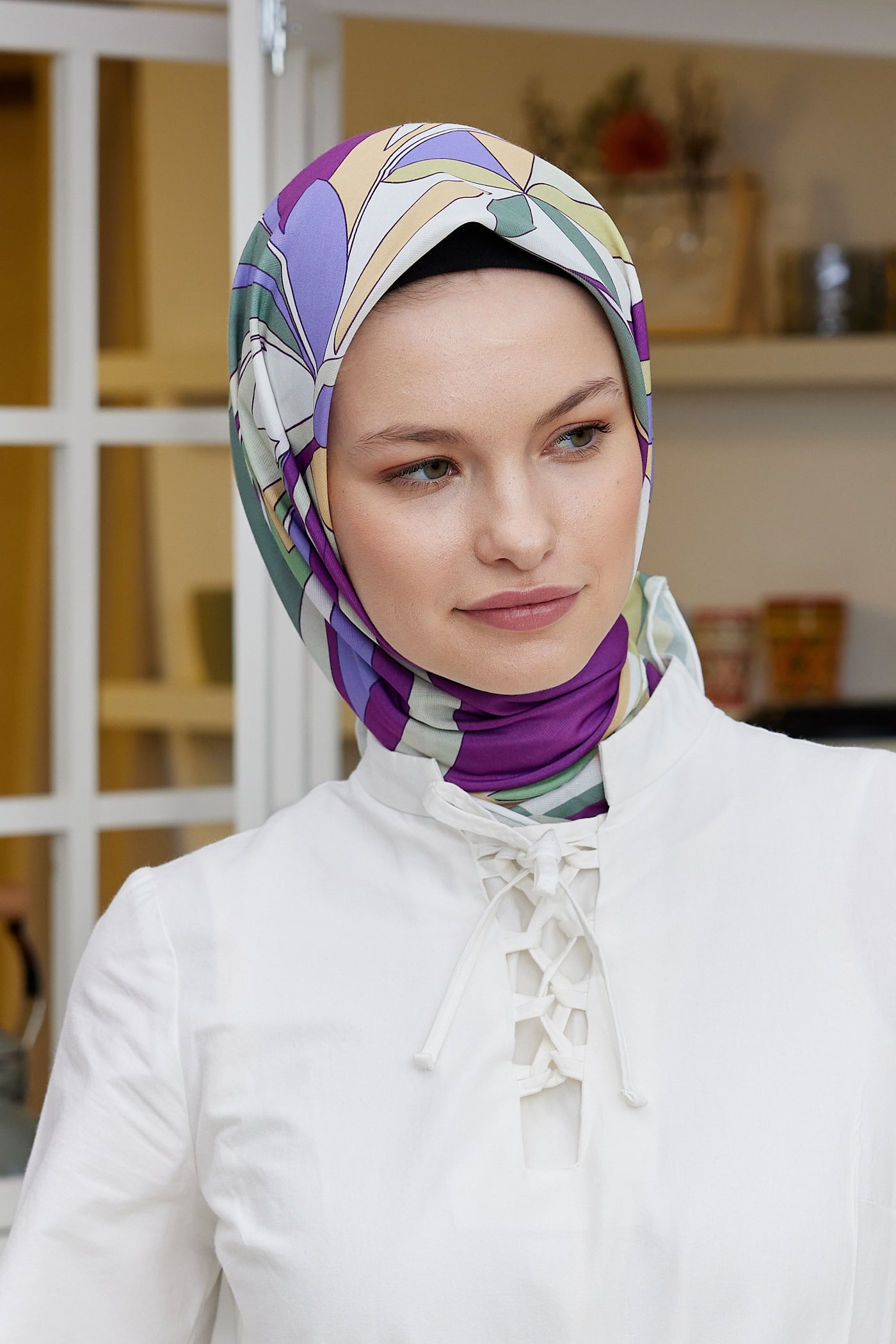 Tesettür Giyim - Pro Line Melinda Desen Eşarp - Beyaz - Mor - Emproyal