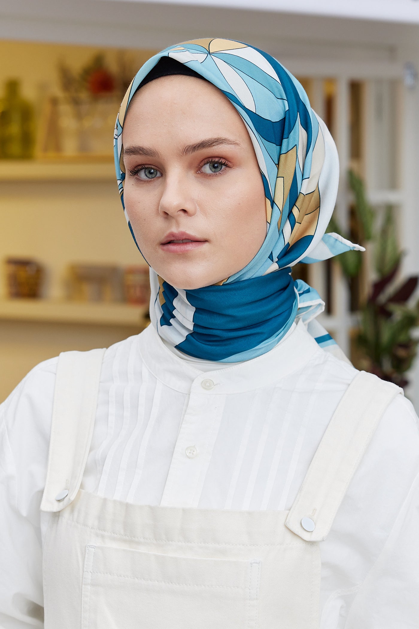 Tesettür Giyim - Pro Line Melinda Desen Eşarp - Turkuaz - Beyaz - Emproyal