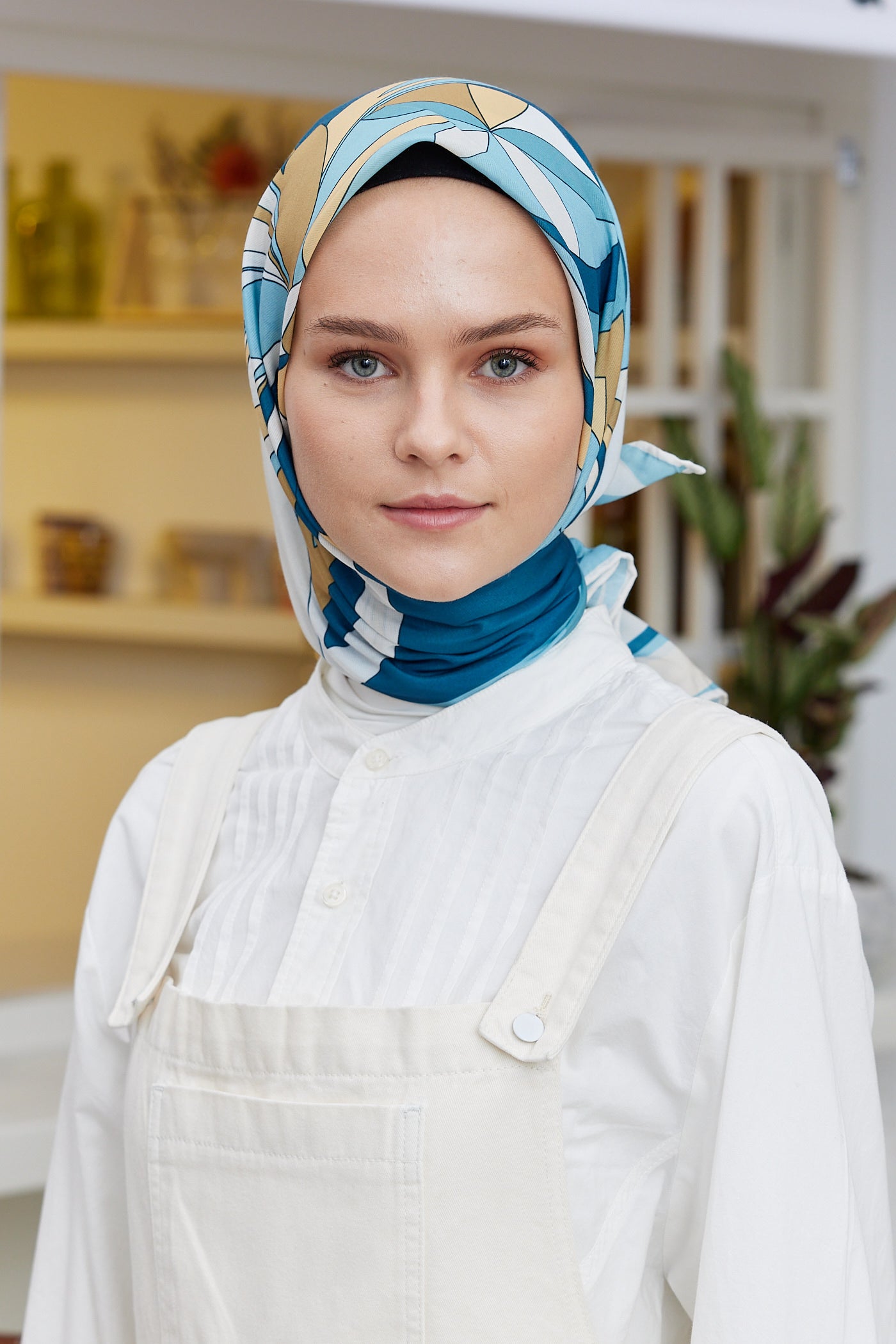 Tesettür Giyim - Pro Line Melinda Desen Eşarp - Turkuaz - Beyaz - Emproyal