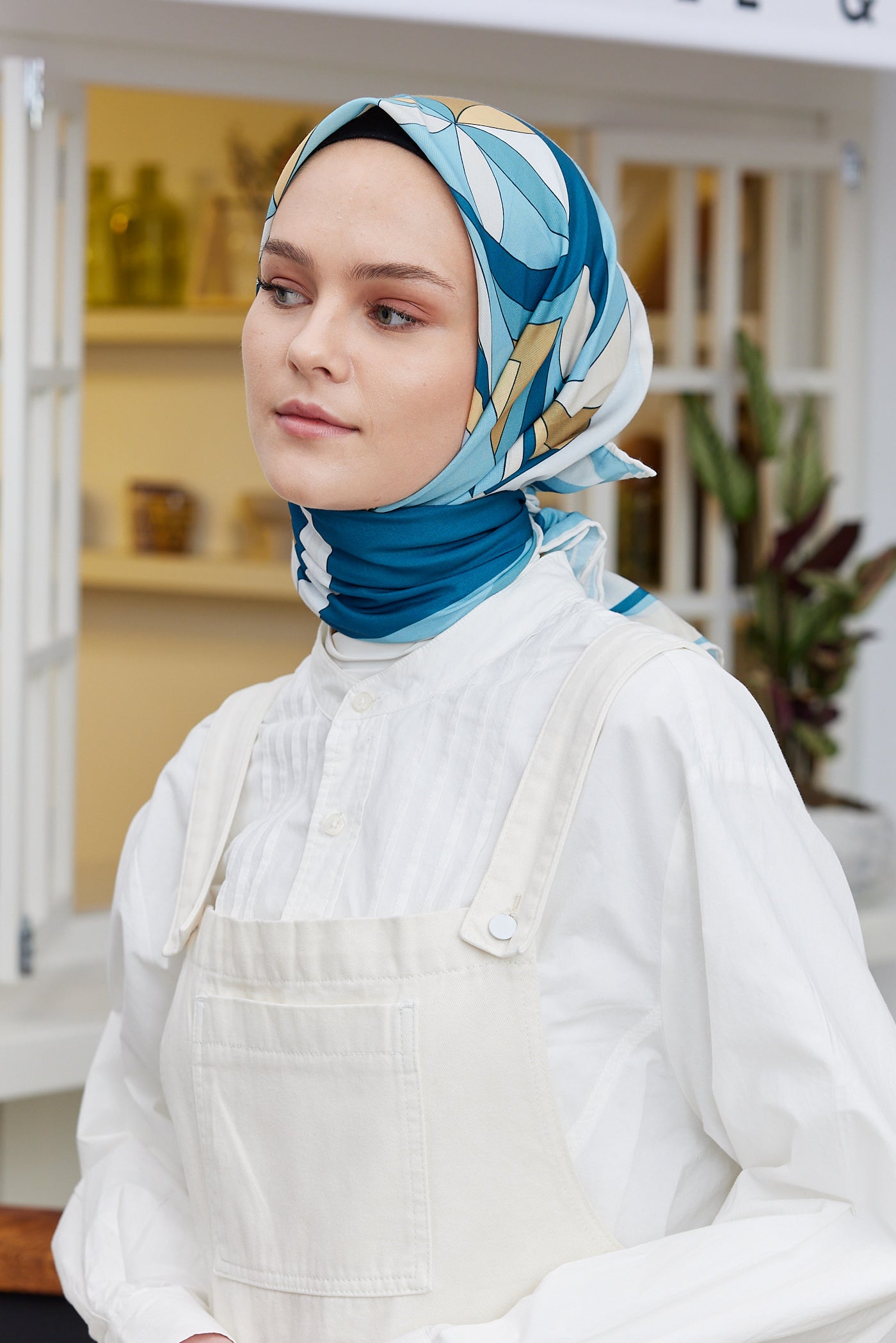 Tesettür Giyim - Pro Line Melinda Desen Eşarp - Turkuaz - Beyaz - Emproyal