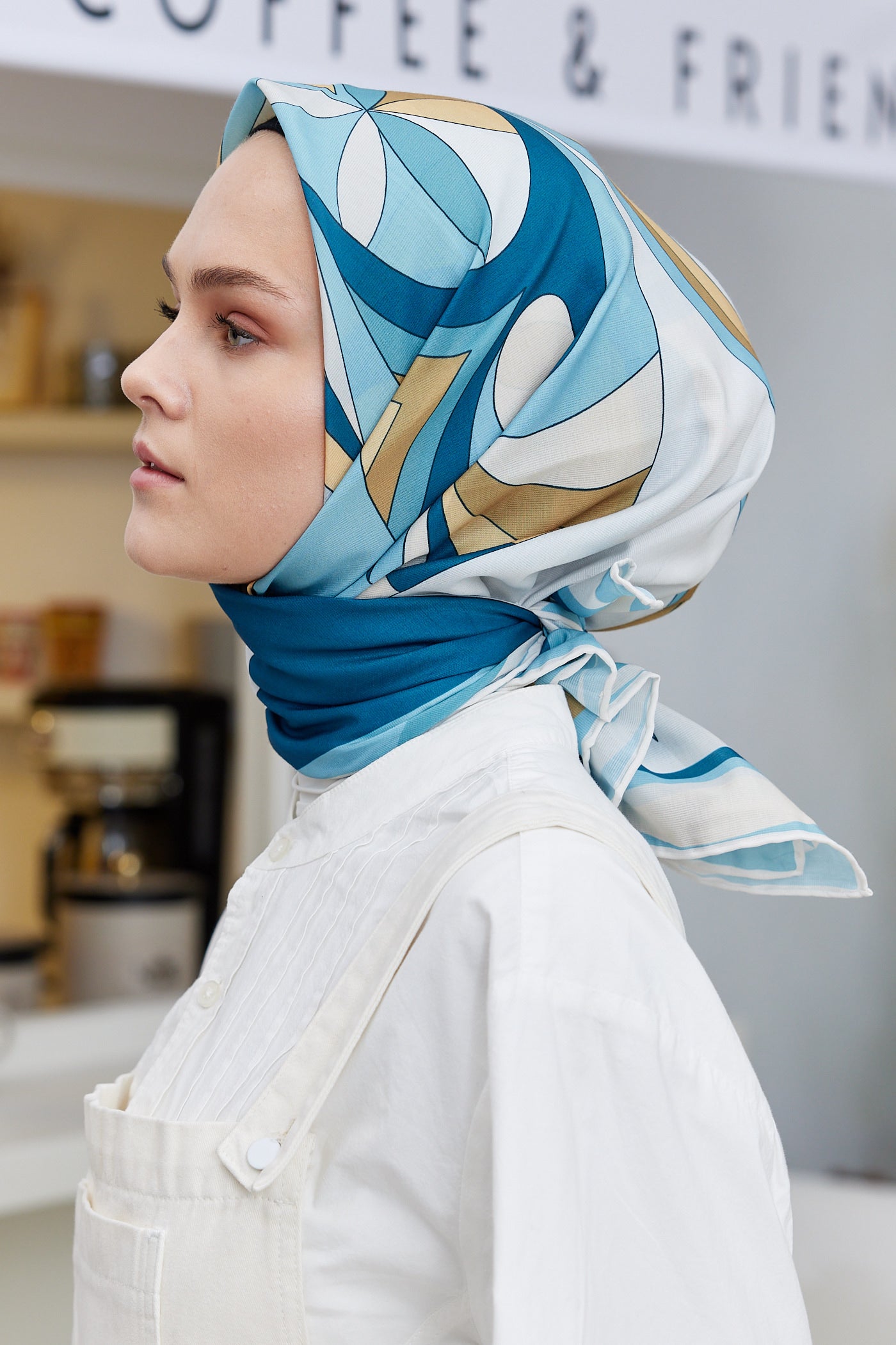 Tesettür Giyim - Pro Line Melinda Desen Eşarp - Turkuaz - Beyaz - Emproyal