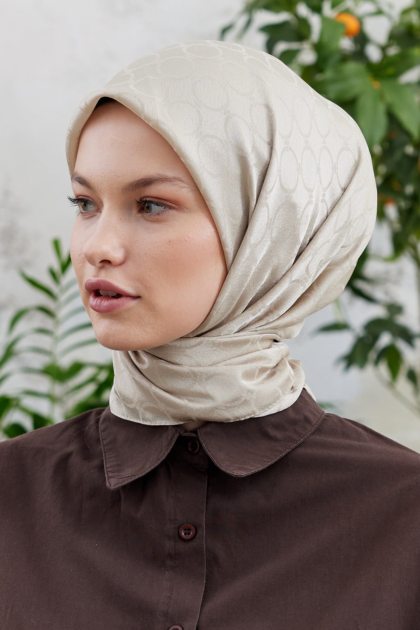 Tesettür Giyim - Jakar Janjan Halka Desen Eşarp - Bej - Emproyal