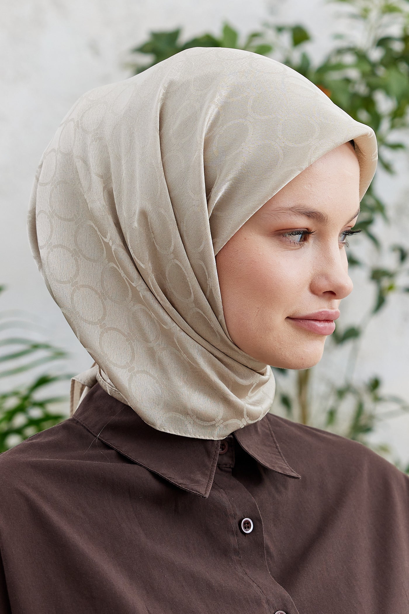 Tesettür Giyim - Jakar Janjan Halka Desen Eşarp - Bej - Emproyal