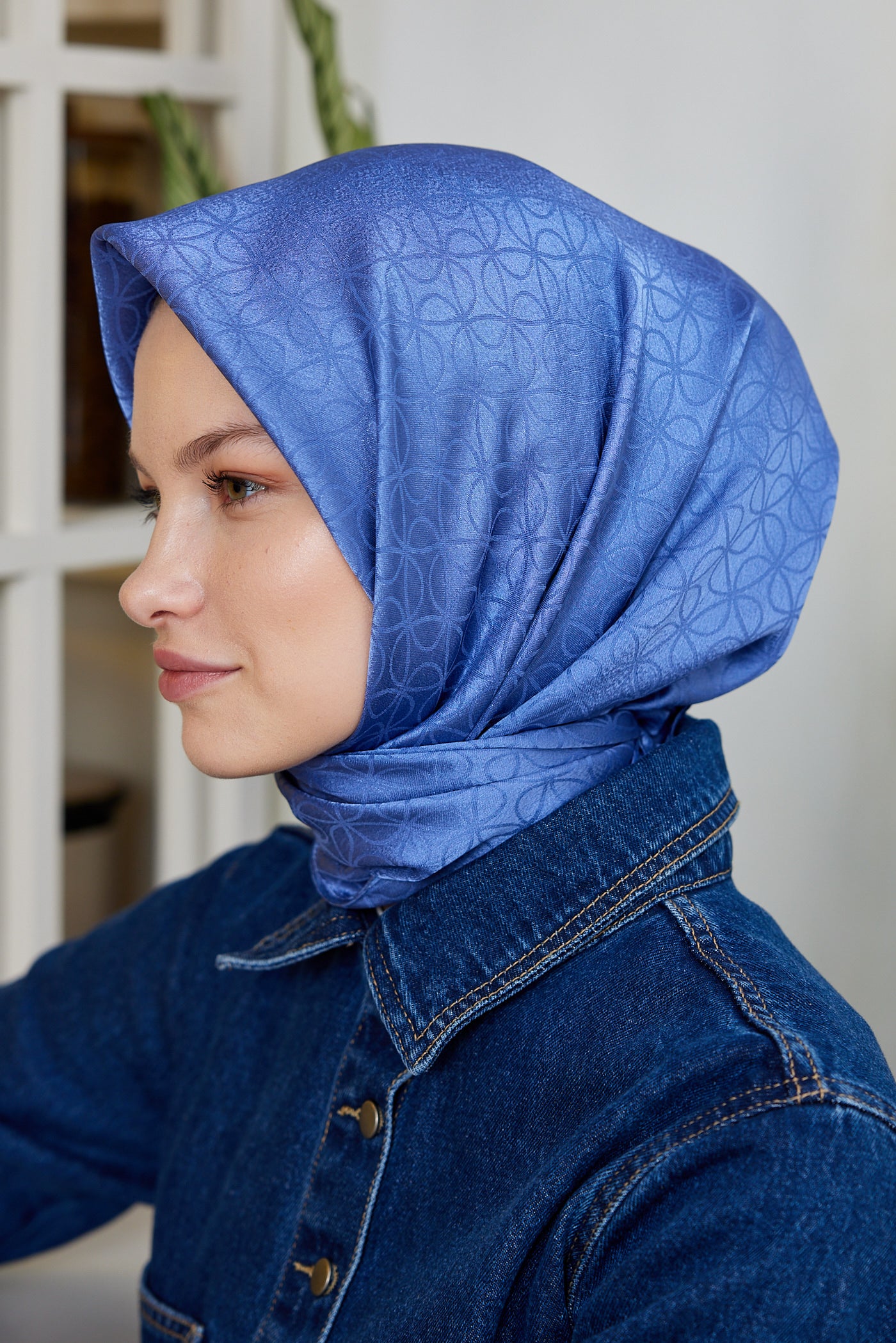 Tesettür Giyim - Jakar Janjan Elips Desen Eşarp - İndigo - Emproyal