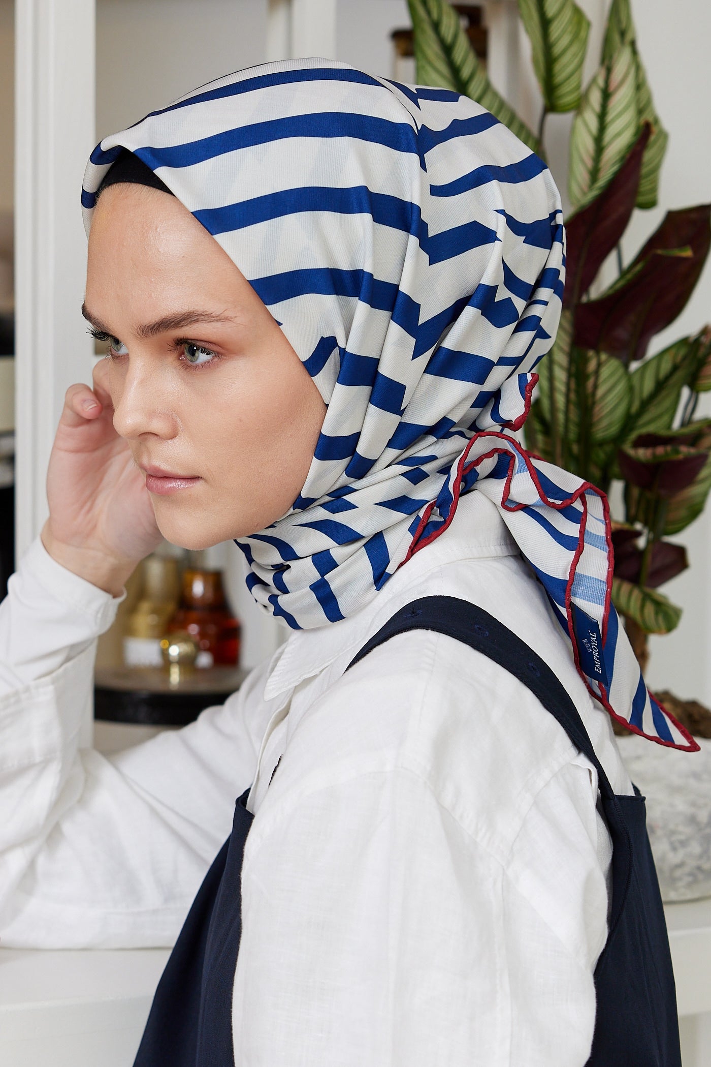 Tesettür Giyim - Pro Line Zebra Desen Eşarp - Beyaz - Saks - Emproyal