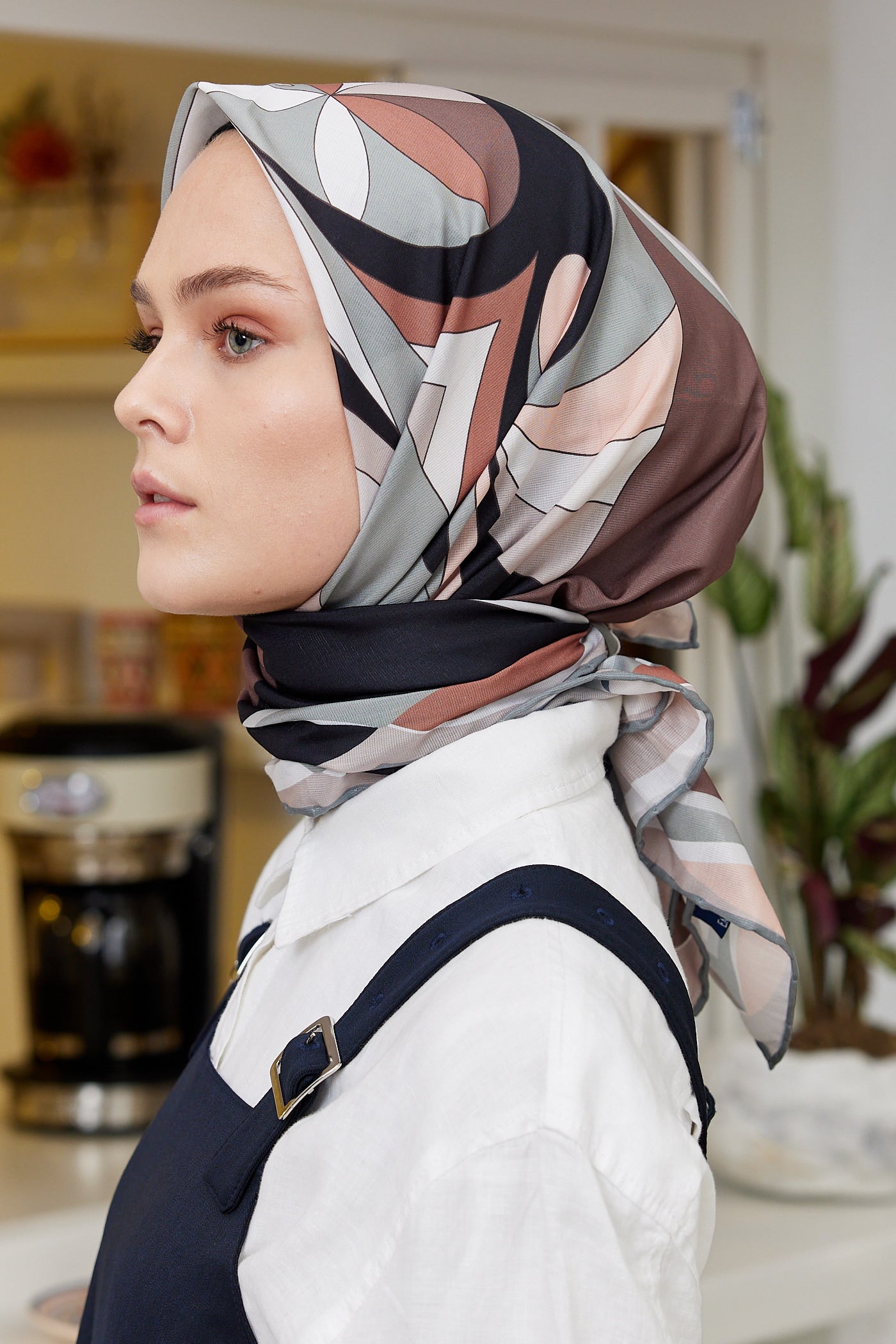 Tesettür Giyim - Pro Line Melinda Desen Eşarp - Gri - Kahve - Emproyal