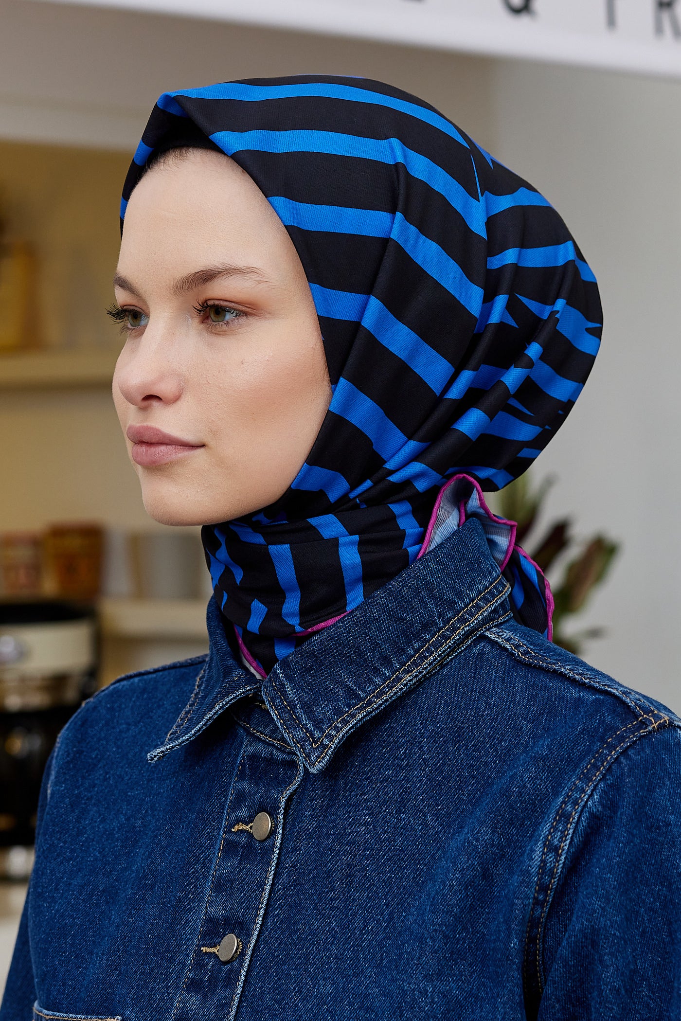 Tesettür Giyim - Pro Line Zebra Desen Eşarp - Siyah - Saks - Emproyal