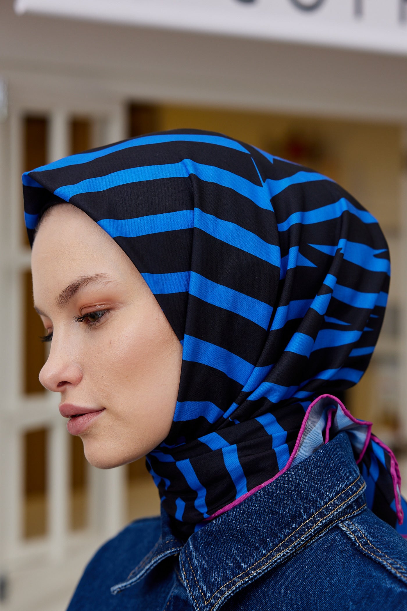 Tesettür Giyim - Pro Line Zebra Desen Eşarp - Siyah - Saks - Emproyal