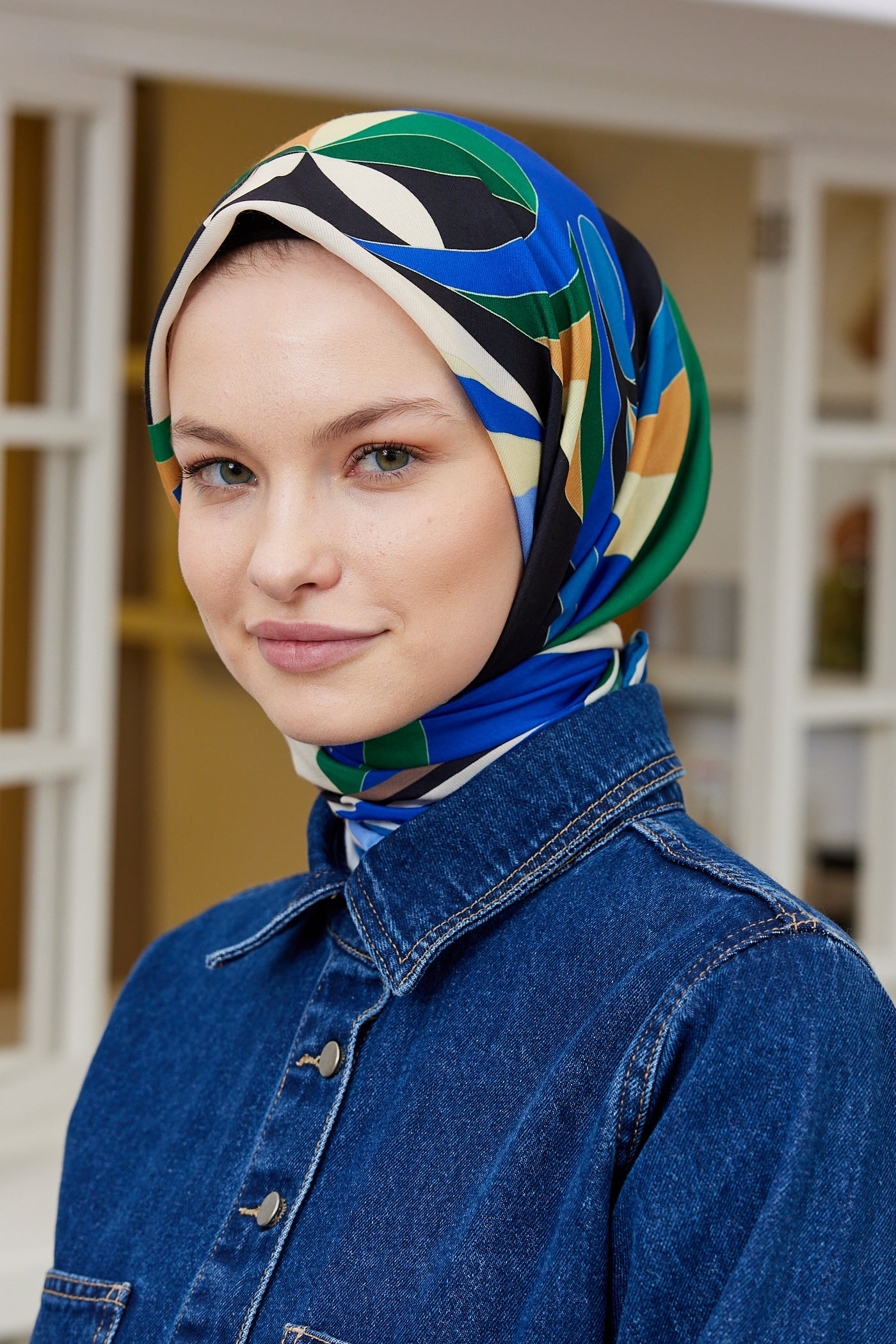 Tesettür Giyim - Pro Line Melinda Desen Eşarp - Yeşil - İndigo - Emproyal