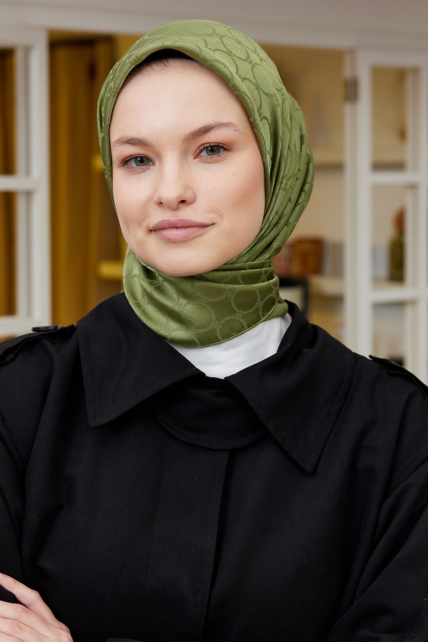 Tesettür Giyim - Jakar Janjan Halka Desen Eşarp - Haki - Emproyal