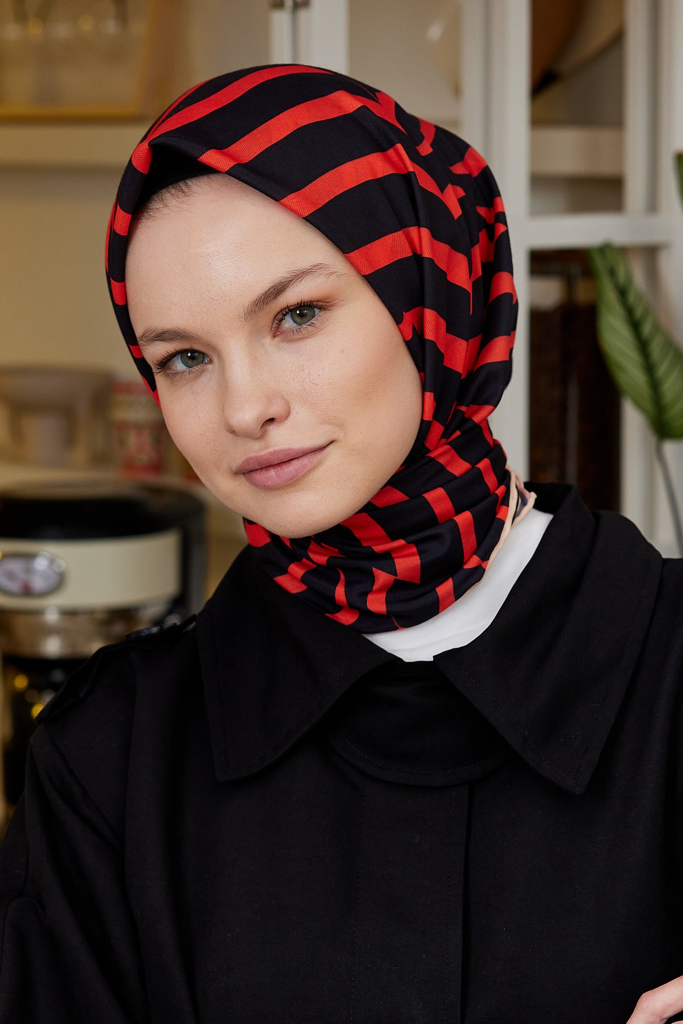 Tesettür Giyim - Pro Line Zebra Desen Eşarp - Siyah - Kırmızı - Emproyal