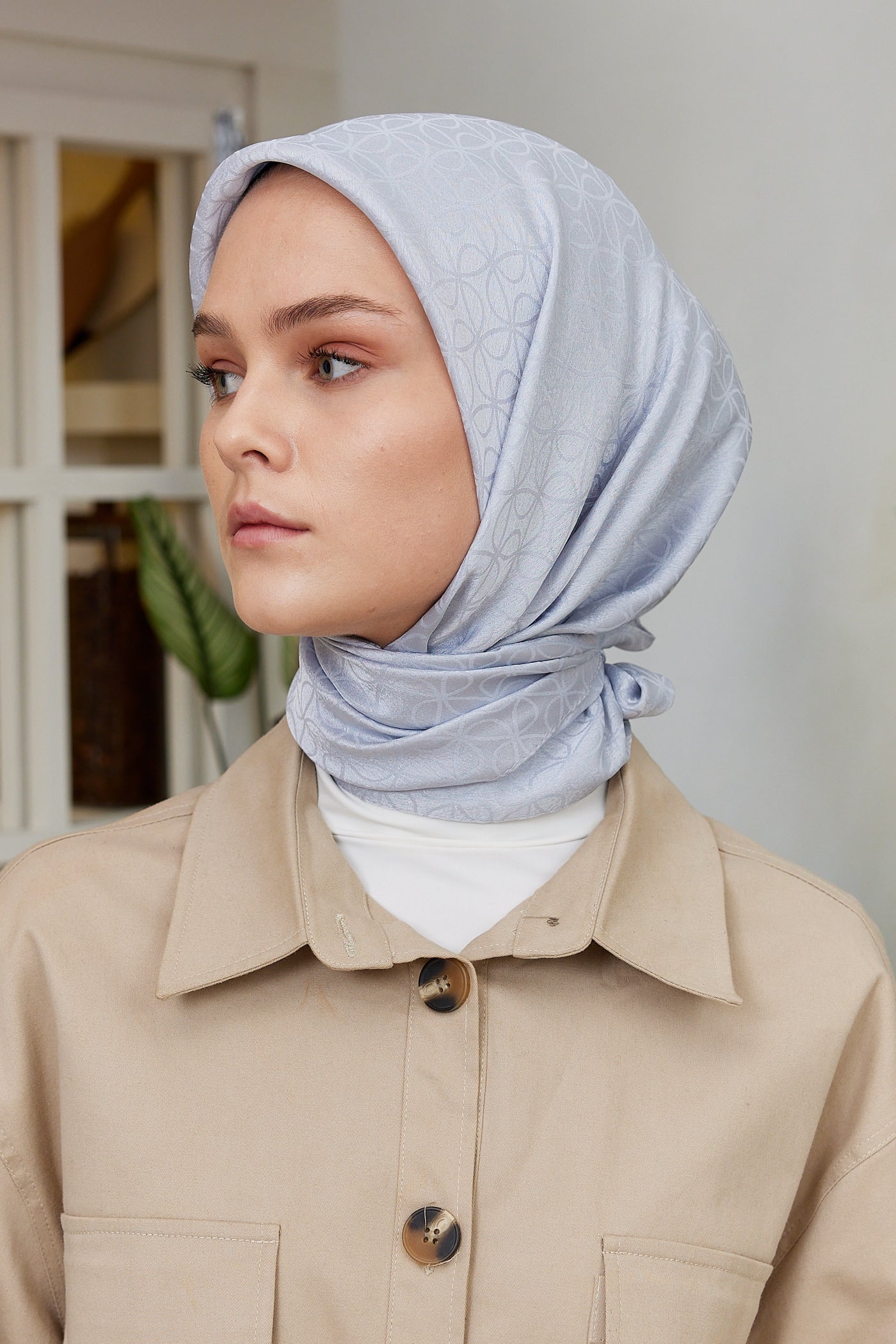 Tesettür Giyim - Jakar Janjan Elips Desen Eşarp - Gümüş - Emproyal