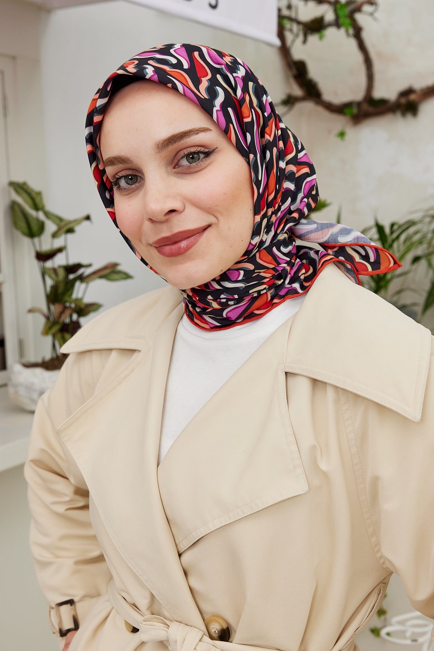 Tesettür Giyim - Pro Line Nancy Desen Eşarp - Kırmızı - Pembe - Emproyal