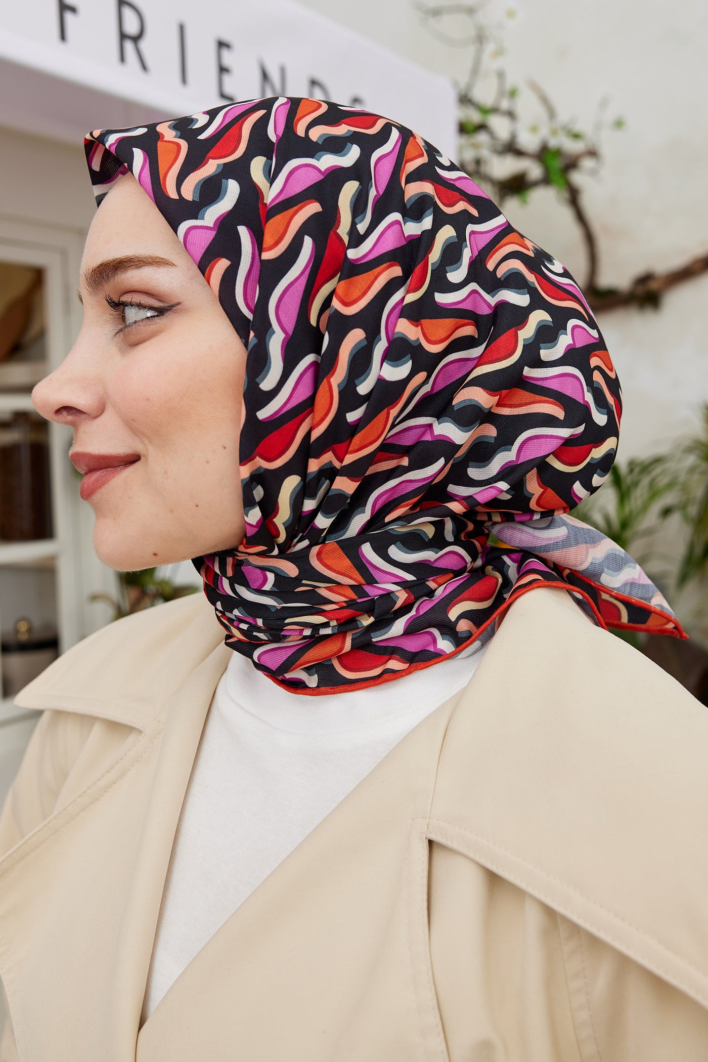 Tesettür Giyim - Pro Line Nancy Desen Eşarp - Kırmızı - Pembe - Emproyal