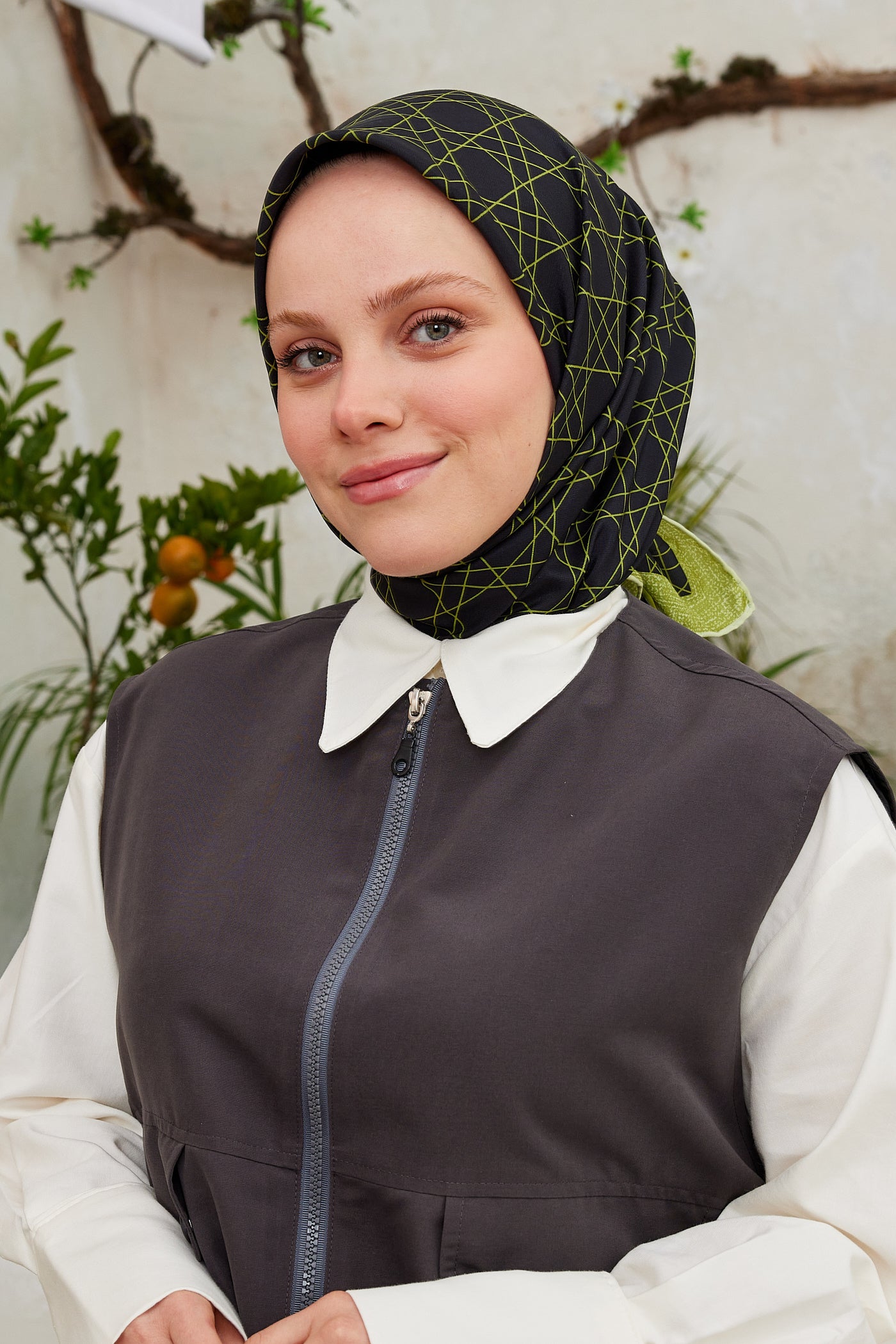 Tesettür Giyim - Pro Line Geometric Desen Eşarp - Yağ Yeşili - Emproyal