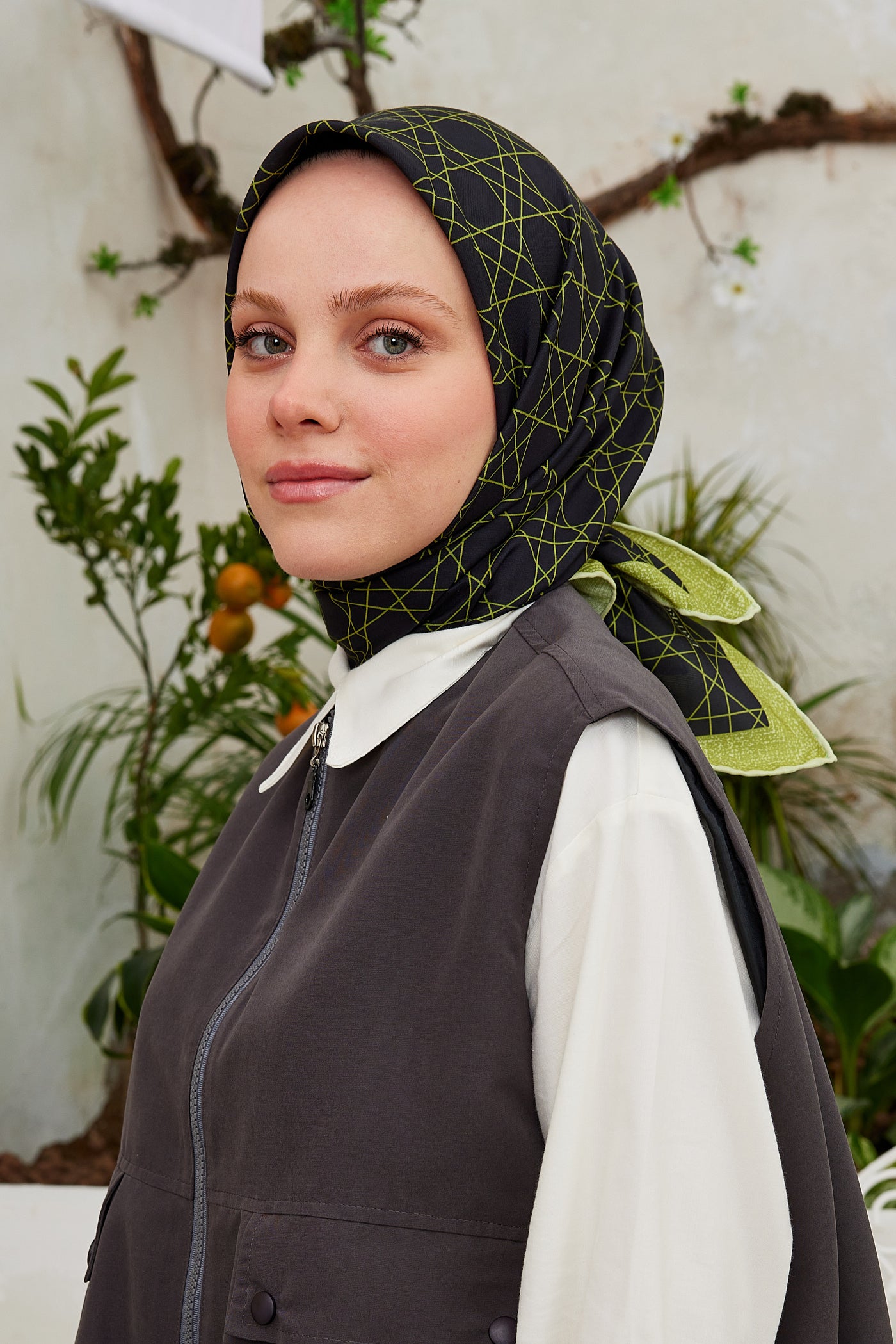 Tesettür Giyim - Pro Line Geometric Desen Eşarp - Yağ Yeşili - Emproyal