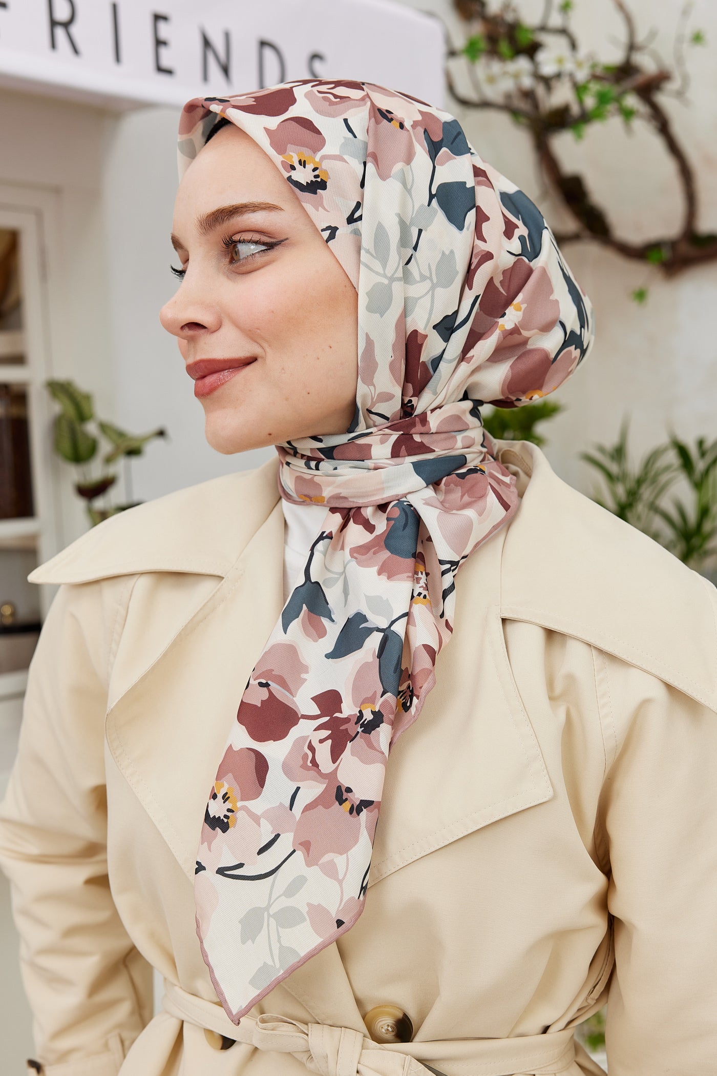 Tesettür Giyim - Pro Line Grace Desen Eşarp - Gül Kurusu - Krem - Emproyal