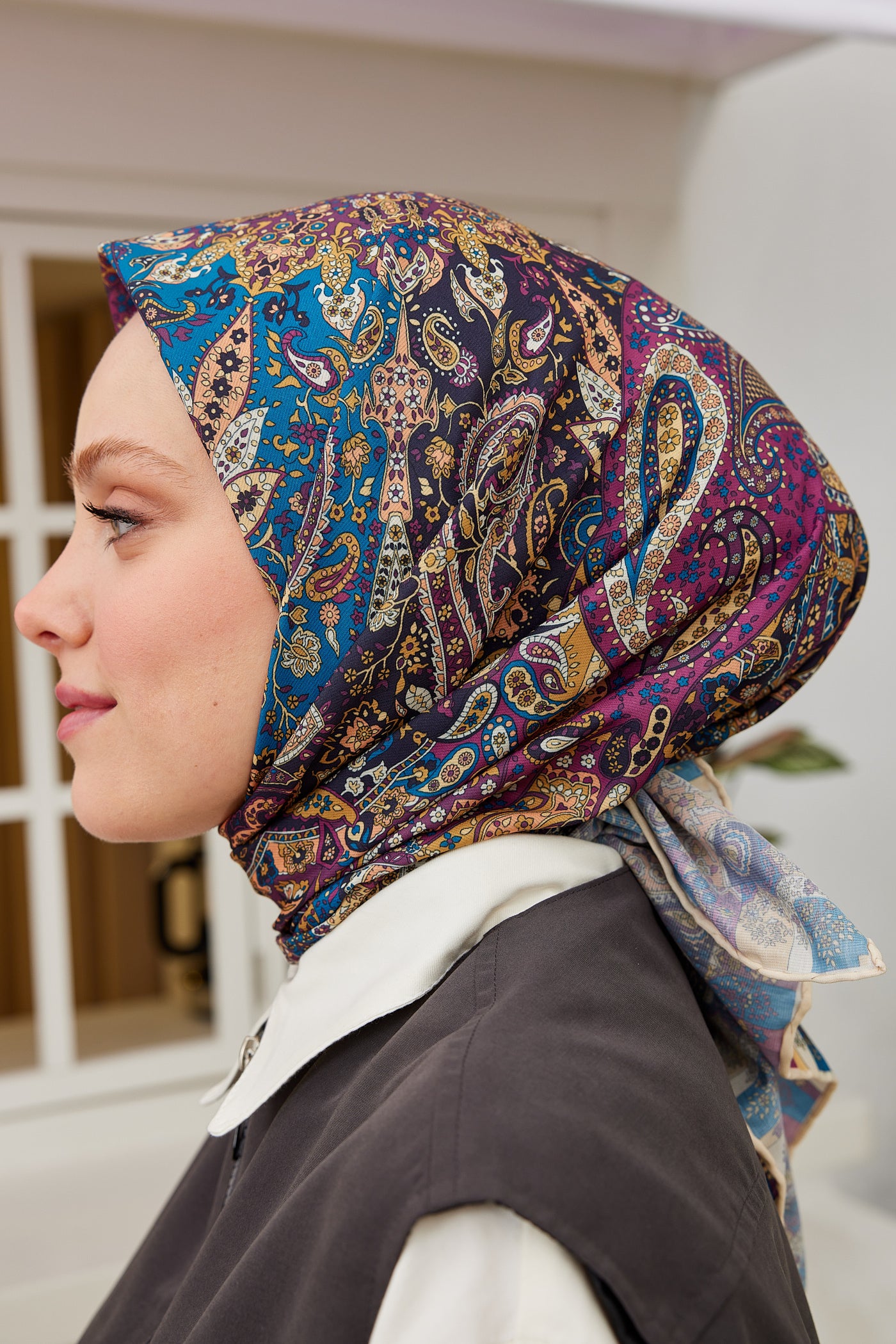 Tesettür Giyim - Pro Line Etnic Desen Eşarp - Mor - Lacivert - Emproyal