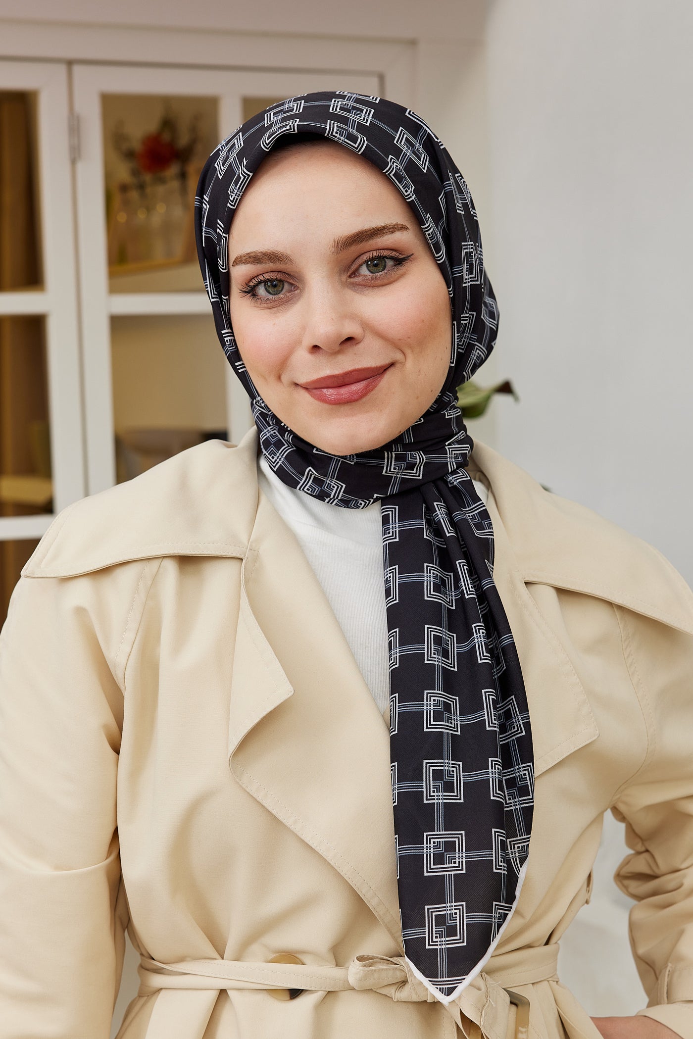 Tesettür Giyim - Pro Line Clara Desen Eşarp - Siyah - Beyaz - Emproyal