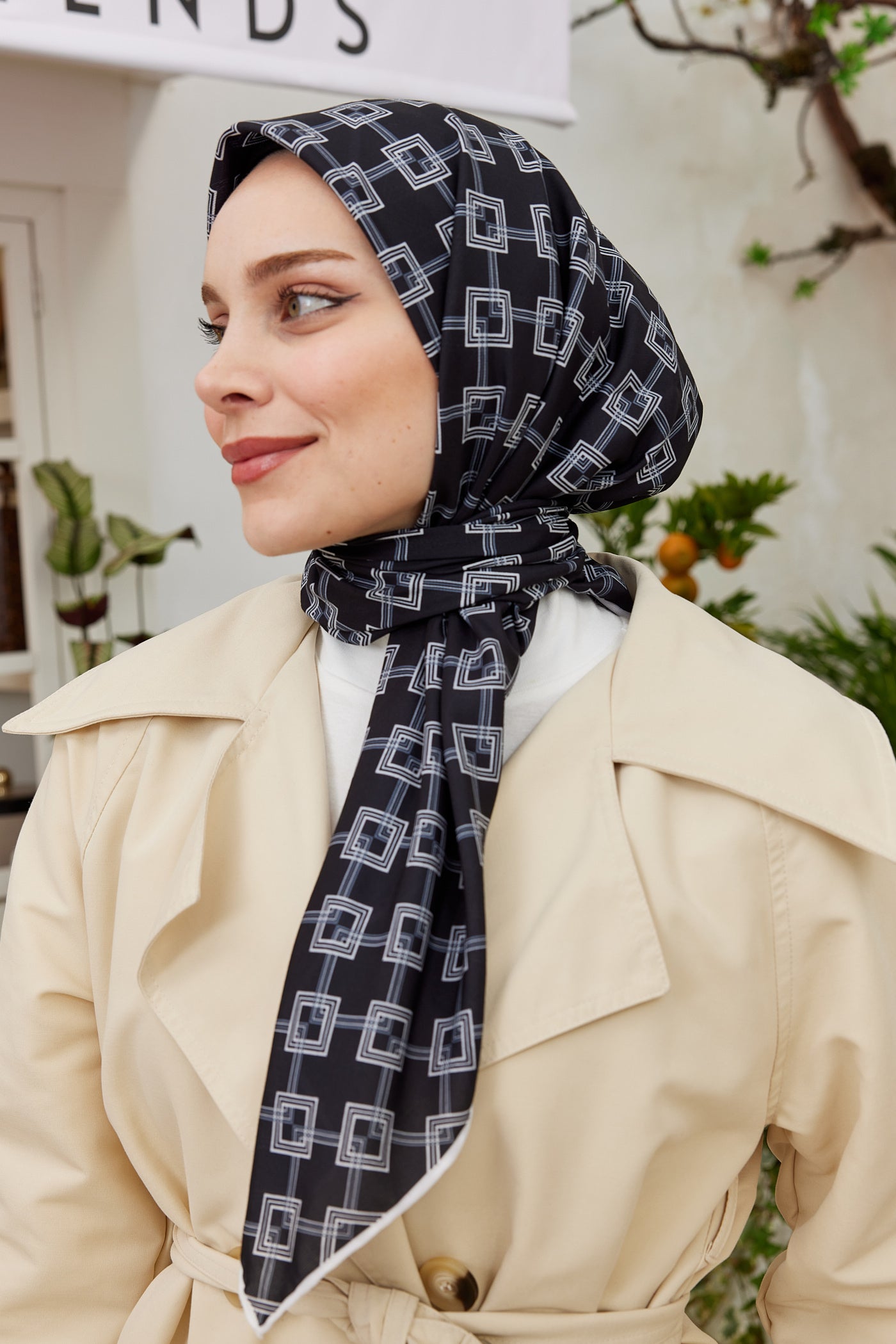 Tesettür Giyim - Pro Line Clara Desen Eşarp - Siyah - Beyaz - Emproyal