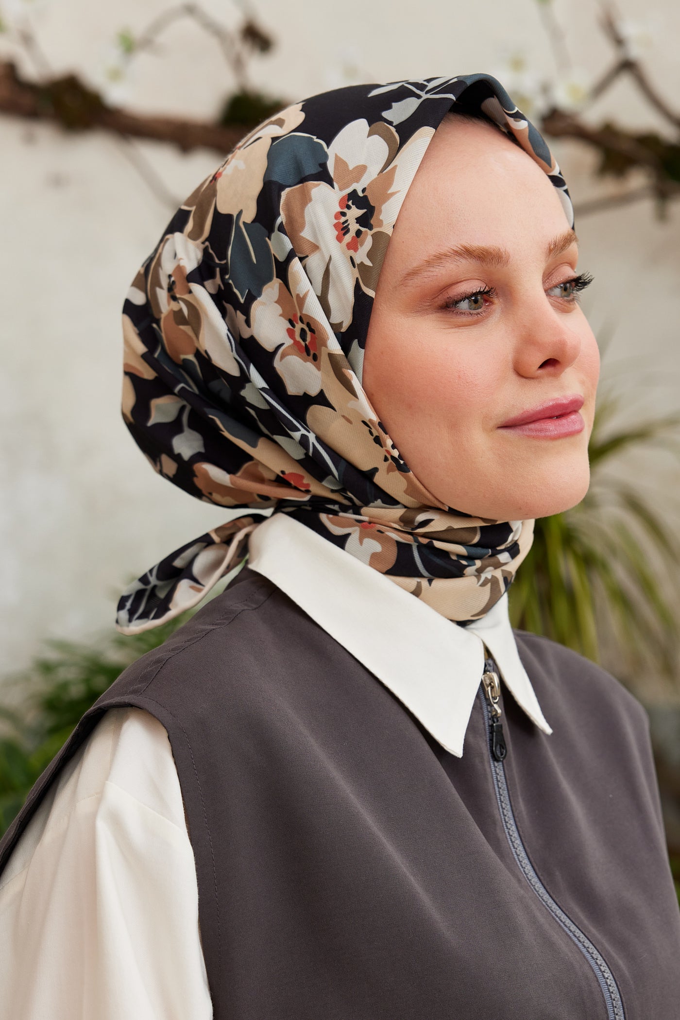 Tesettür Giyim - Pro Line Grace Desen Eşarp - Füme - Bej - Emproyal