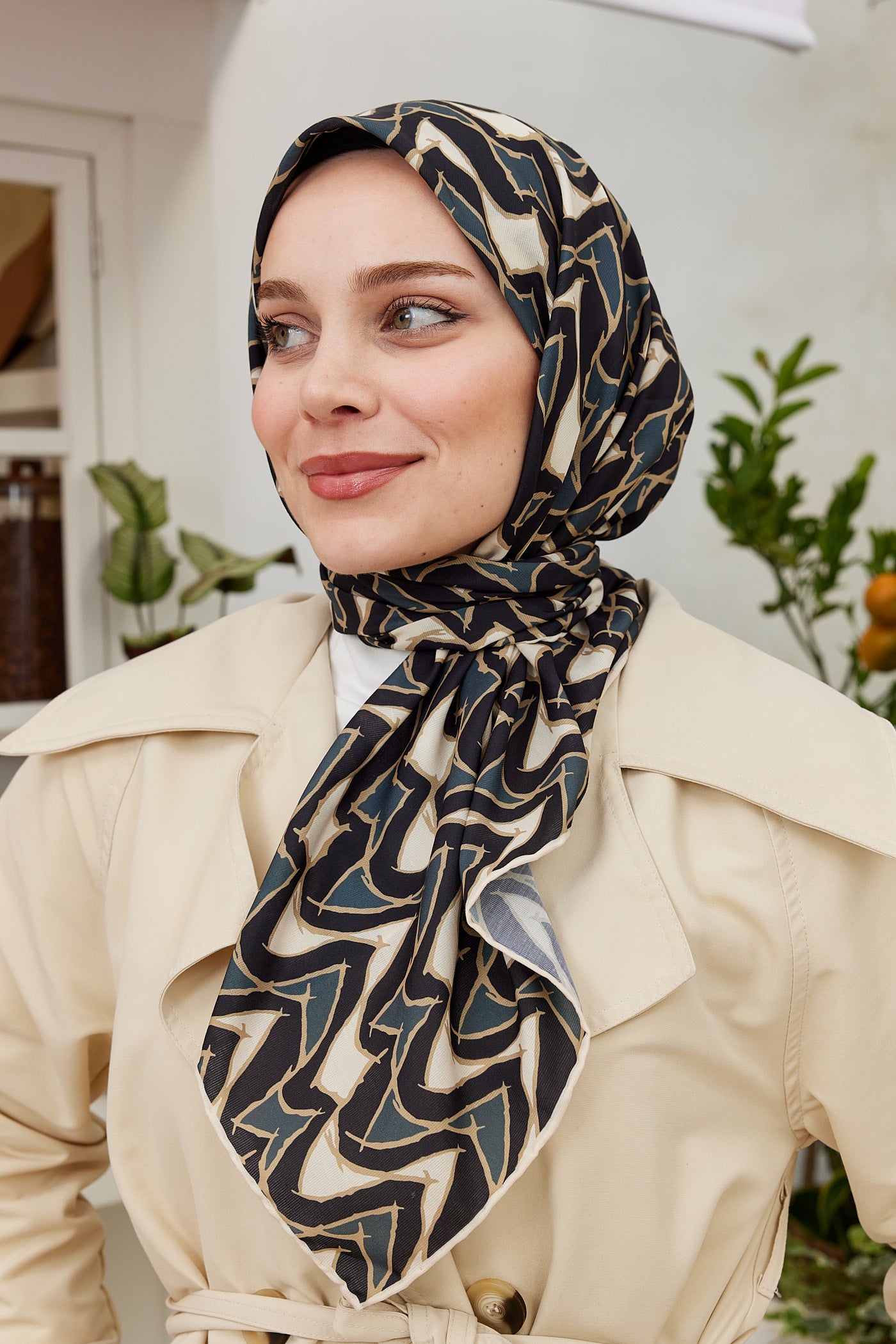 Tesettür Giyim - Pro Line Vera Desen Eşarp - Bej - Antrasit - Emproyal