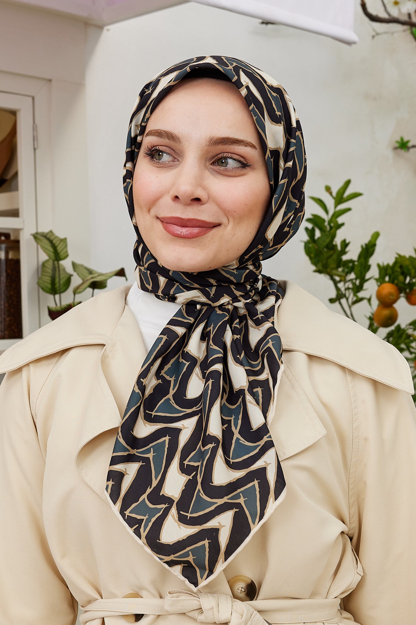 Tesettür Giyim - Pro Line Vera Desen Eşarp - Bej - Antrasit - Emproyal