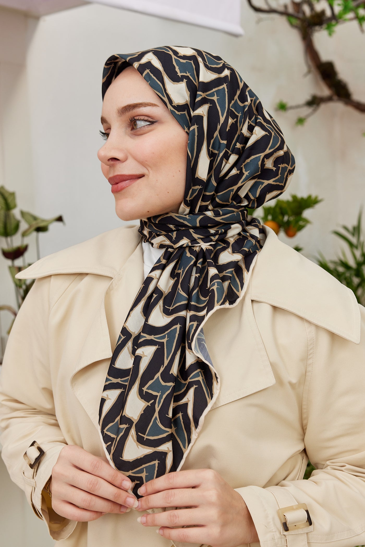Tesettür Giyim - Pro Line Vera Desen Eşarp - Bej - Antrasit - Emproyal