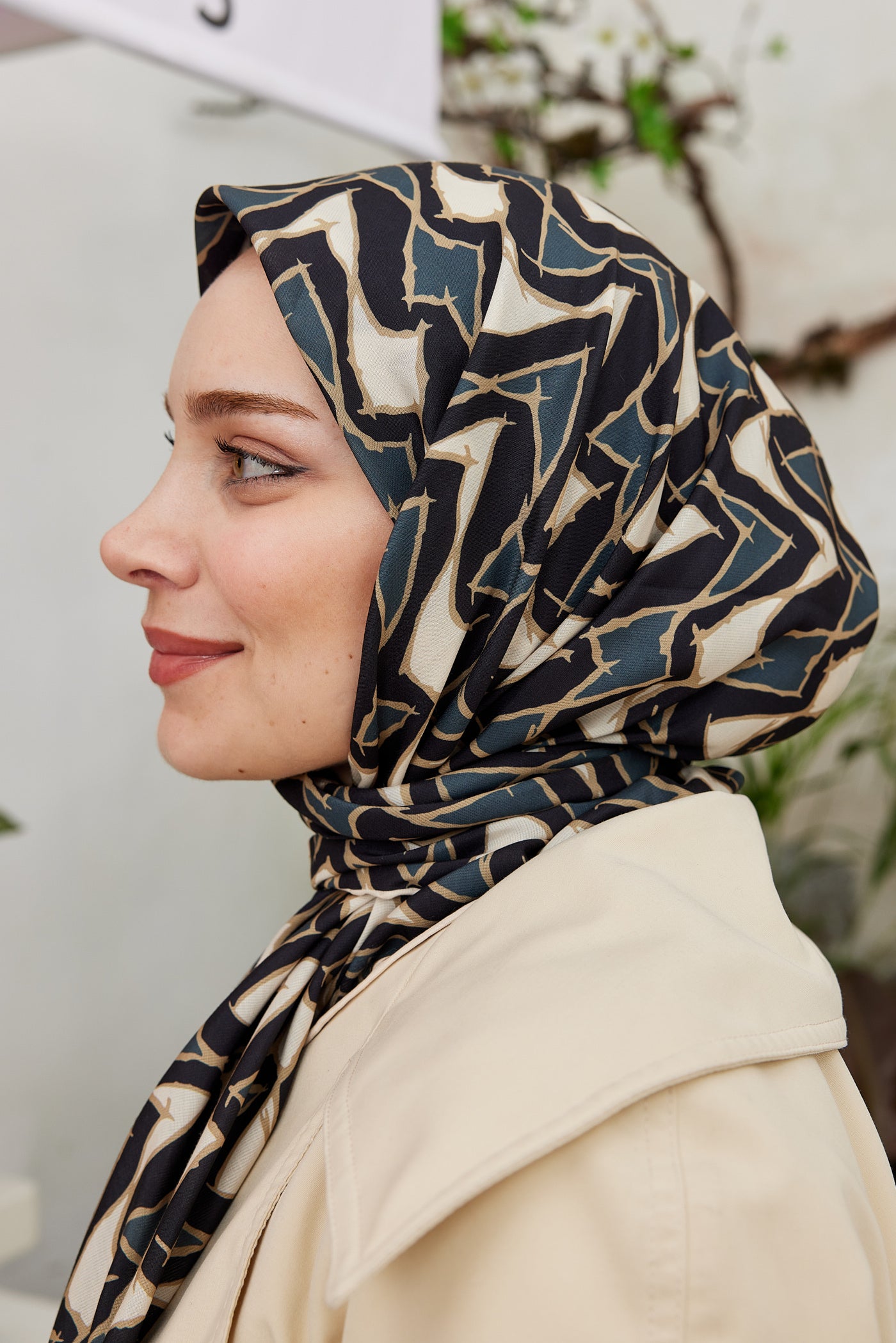 Tesettür Giyim - Pro Line Vera Desen Eşarp - Bej - Antrasit - Emproyal