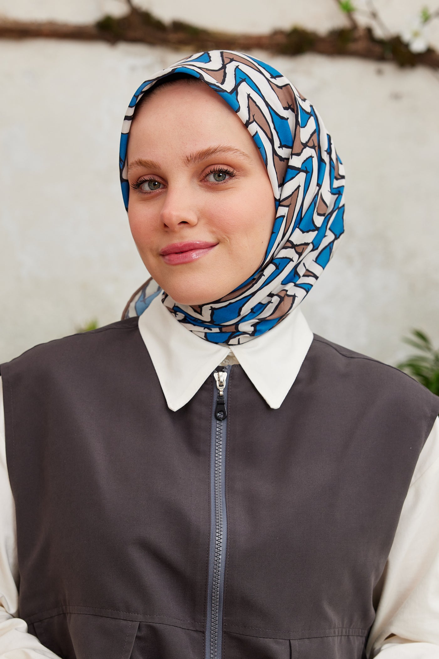 Tesettür Giyim - Pro Line Vera Desen Eşarp - Kahverengi - Mavi - Emproyal