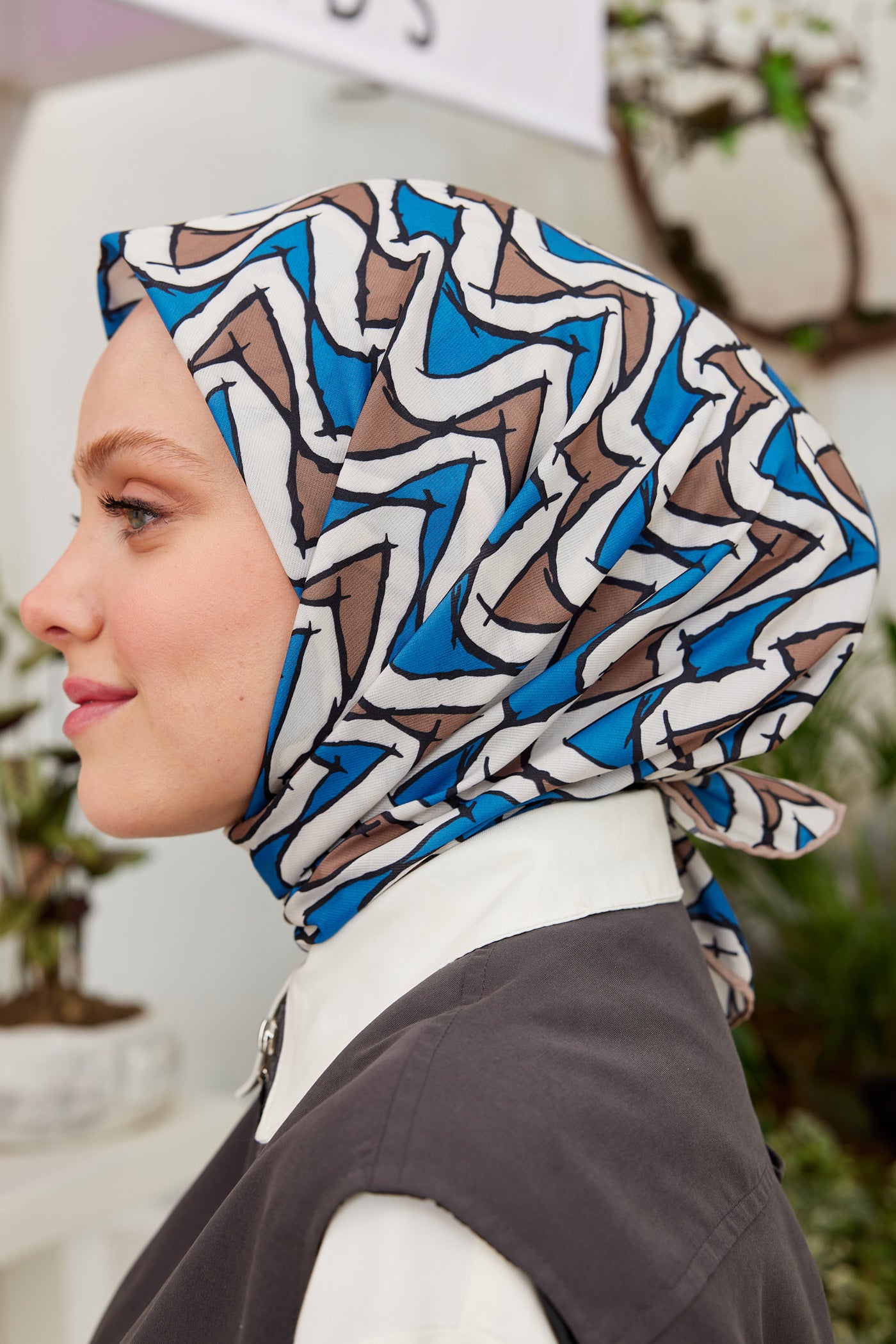 Tesettür Giyim - Pro Line Vera Desen Eşarp - Kahverengi - Mavi - Emproyal