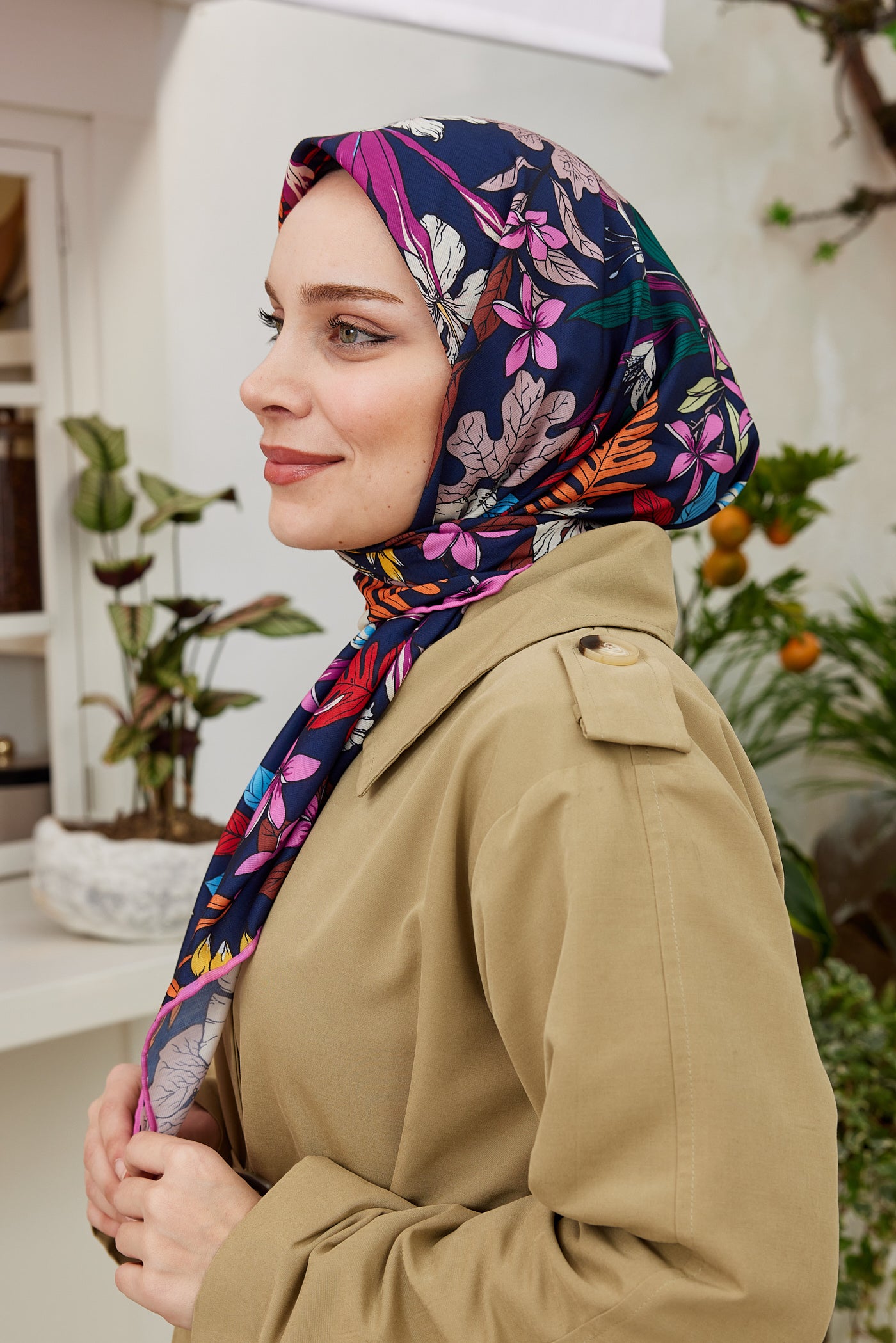 Tesettür Giyim - Pro Line Viola Desen Eşarp - Fuşya - Emproyal