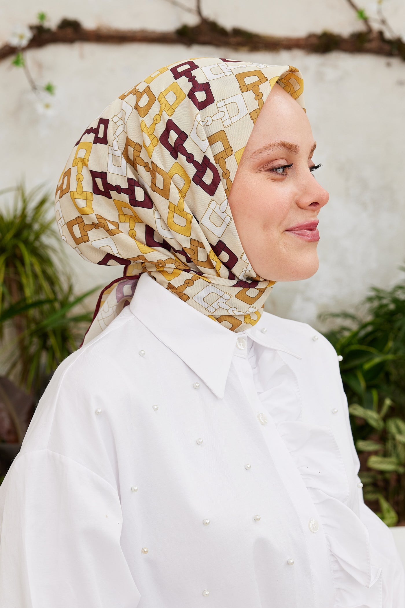 Tesettür Giyim - Pro Line Zincir Desen Eşarp - Bordo - Hardal - Emproyal