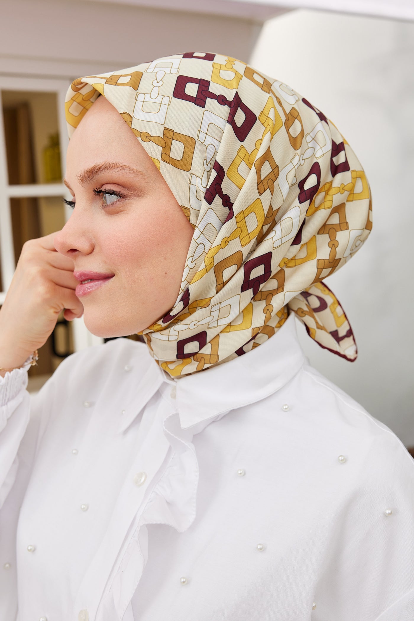 Tesettür Giyim - Pro Line Zincir Desen Eşarp - Bordo - Hardal - Emproyal