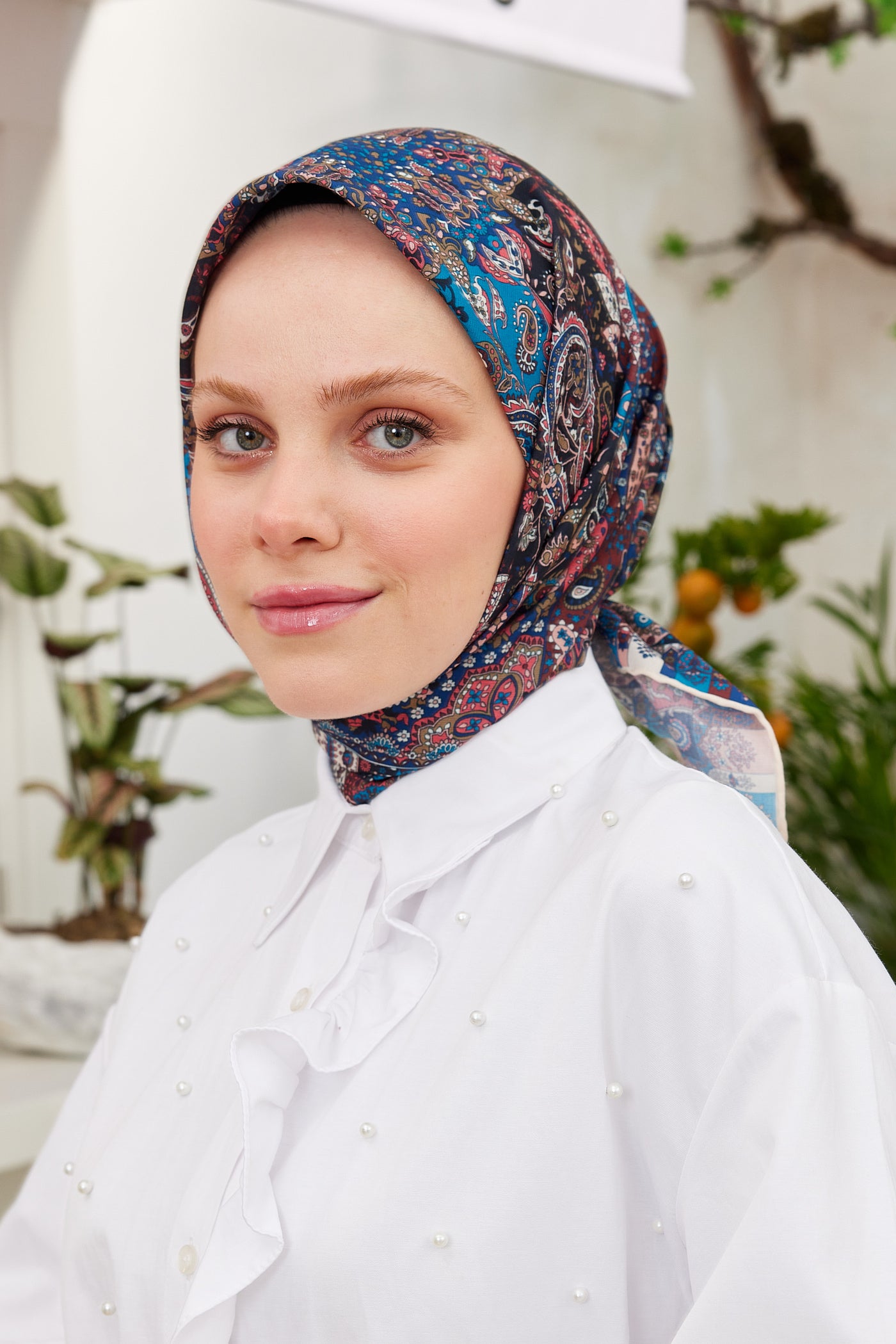 Tesettür Giyim - Pro Line Etnic Desen Eşarp - Bordo - Lacivert - Emproyal