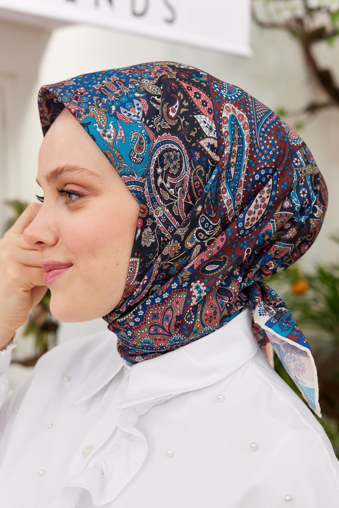 Tesettür Giyim - Pro Line Etnic Desen Eşarp - Bordo - Lacivert - Emproyal